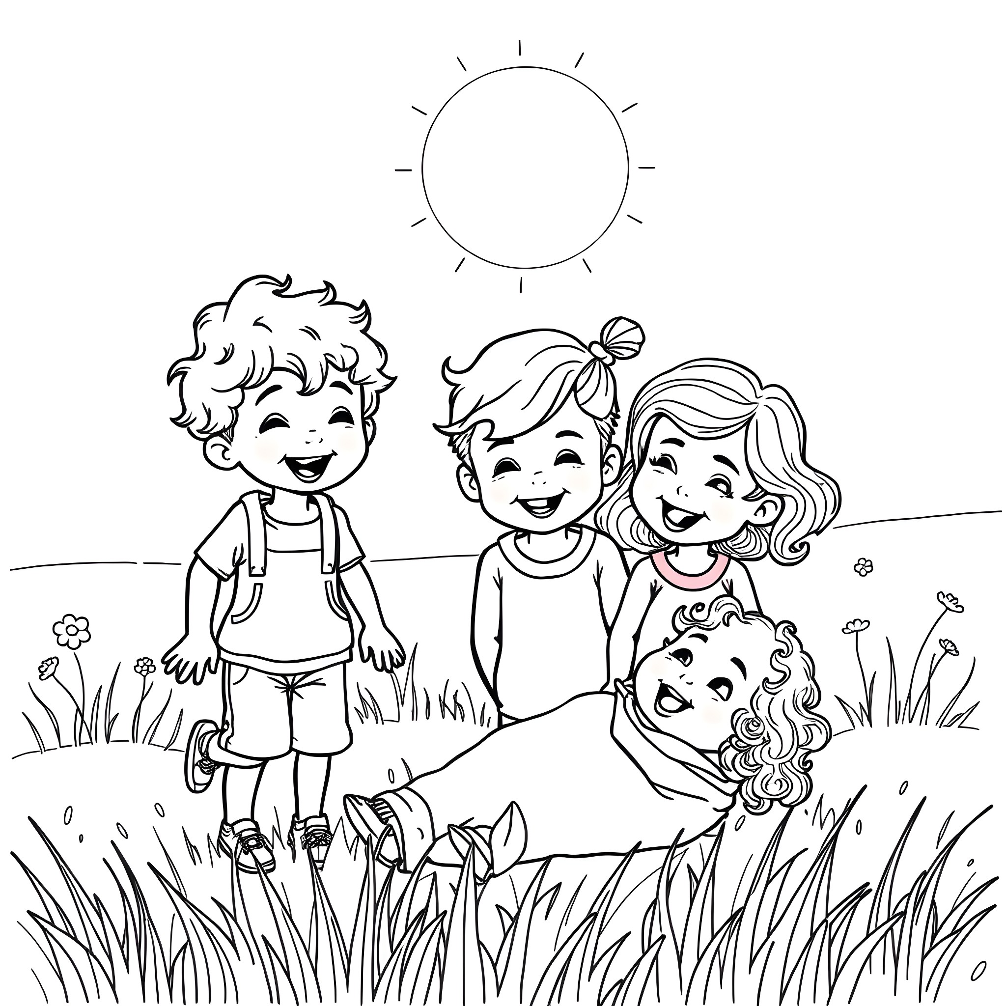 Child friends playing happily in the park Coloring Page (free black-and-white line drawing printable PDF for all, from beginners to advanced learners, including children, teens, adults, and seniors)
