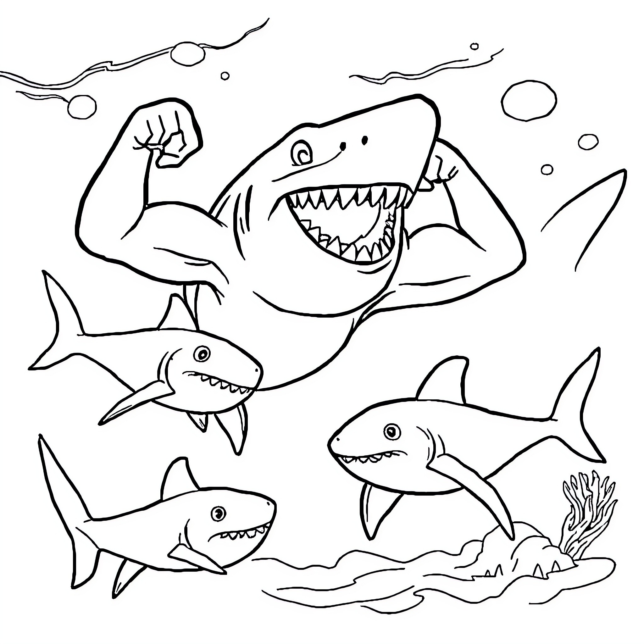 Shark family swimming in the ocean Coloring Page (free black-and-white line drawing printable PDF for all, from beginners to advanced learners, including children, teens, adults, and seniors)