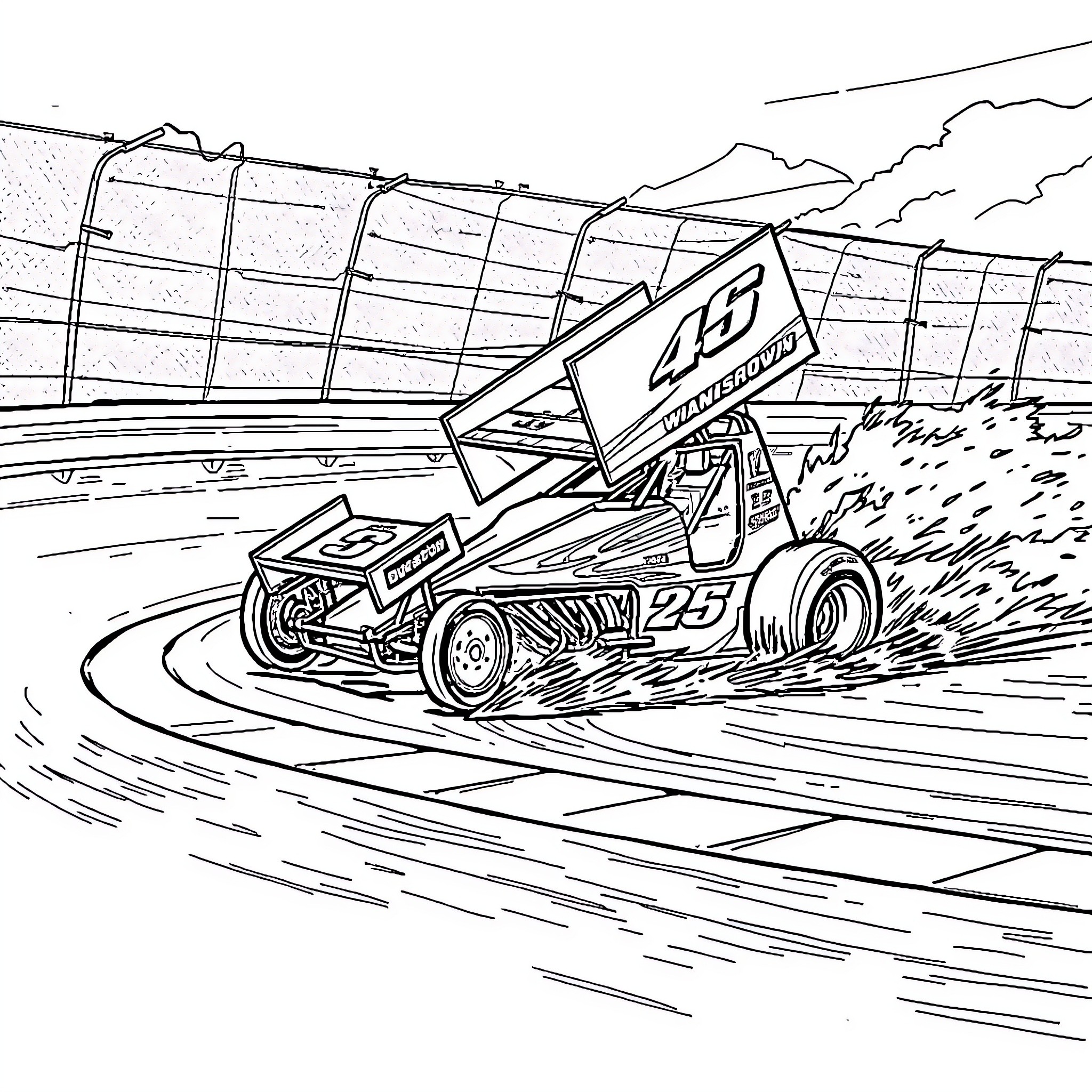 Sprint Car Speeding on Dirt Track Coloring Page (free black-and-white line drawing printable PDF for all, from beginners to advanced learners, including children, teens, adults, and seniors)