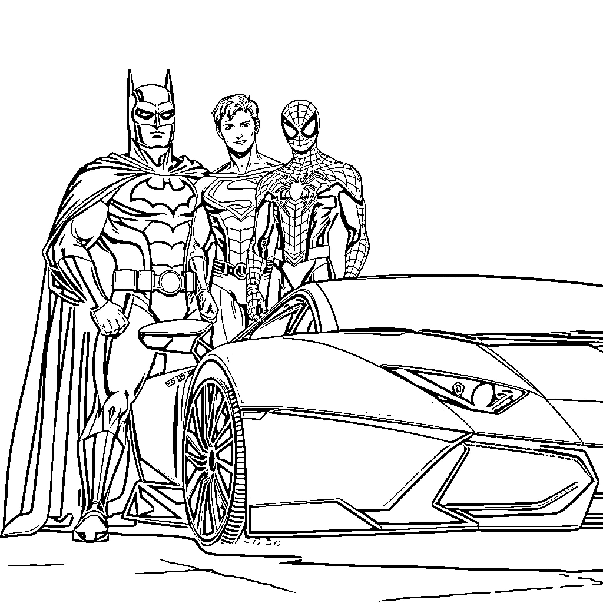 Superheroes with Powerful Poses and Sports Car Coloring Page (free black-and-white line drawing printable PDF for all, from beginners to advanced learners, including children, teens, adults, and seniors)
