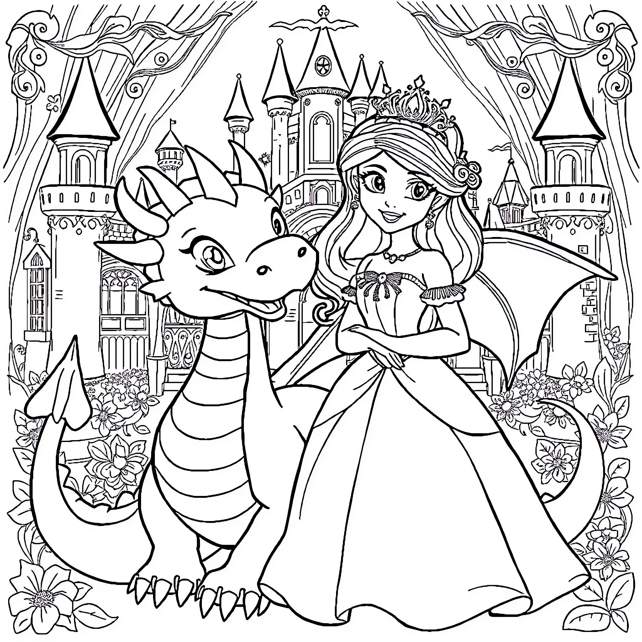Princess and her Friendly Dragon in Enchanted Castle Coloring Page (free black-and-white line drawing printable PDF for all, from beginners to advanced learners, including children, teens, adults, and seniors)