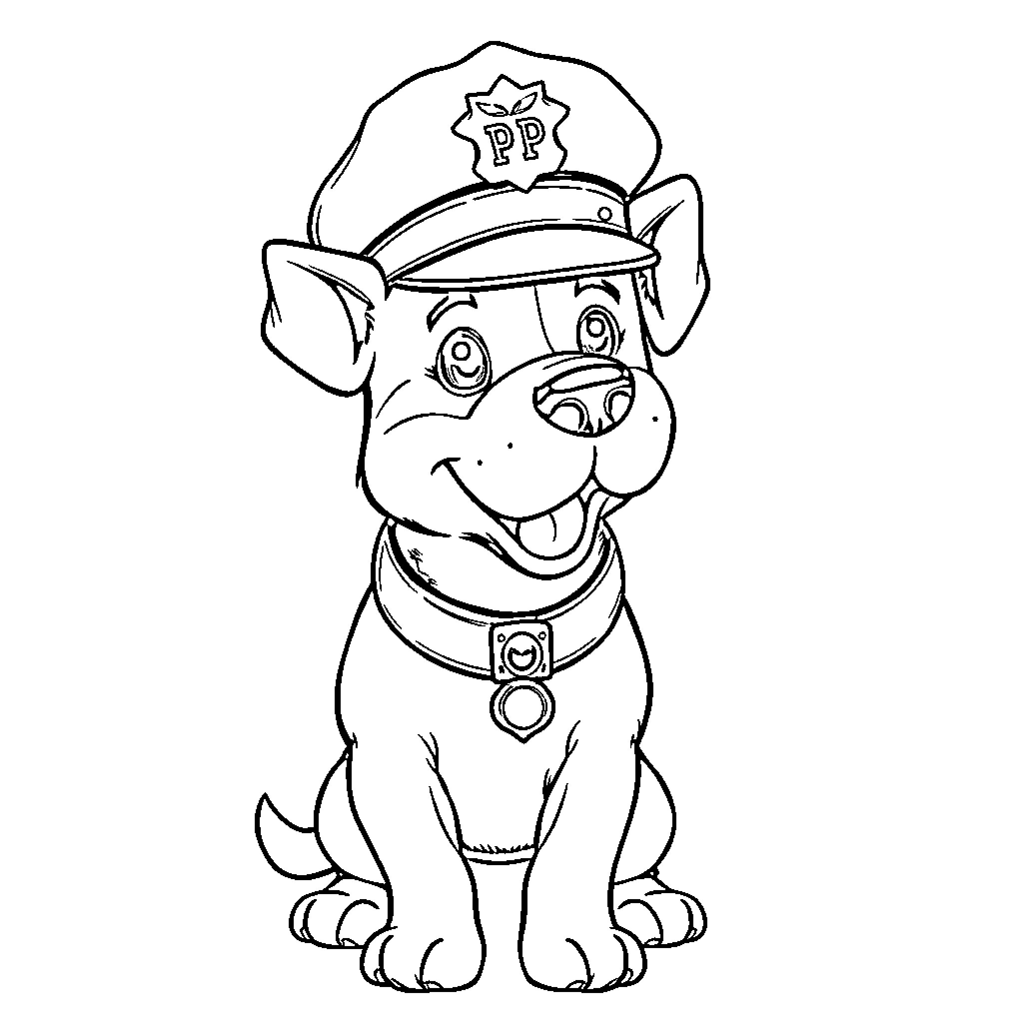 Police Dog with Friendly Expression and Uniform Coloring Page (free black-and-white line drawing printable PDF for all, from beginners to advanced learners, including children, teens, adults, and seniors)