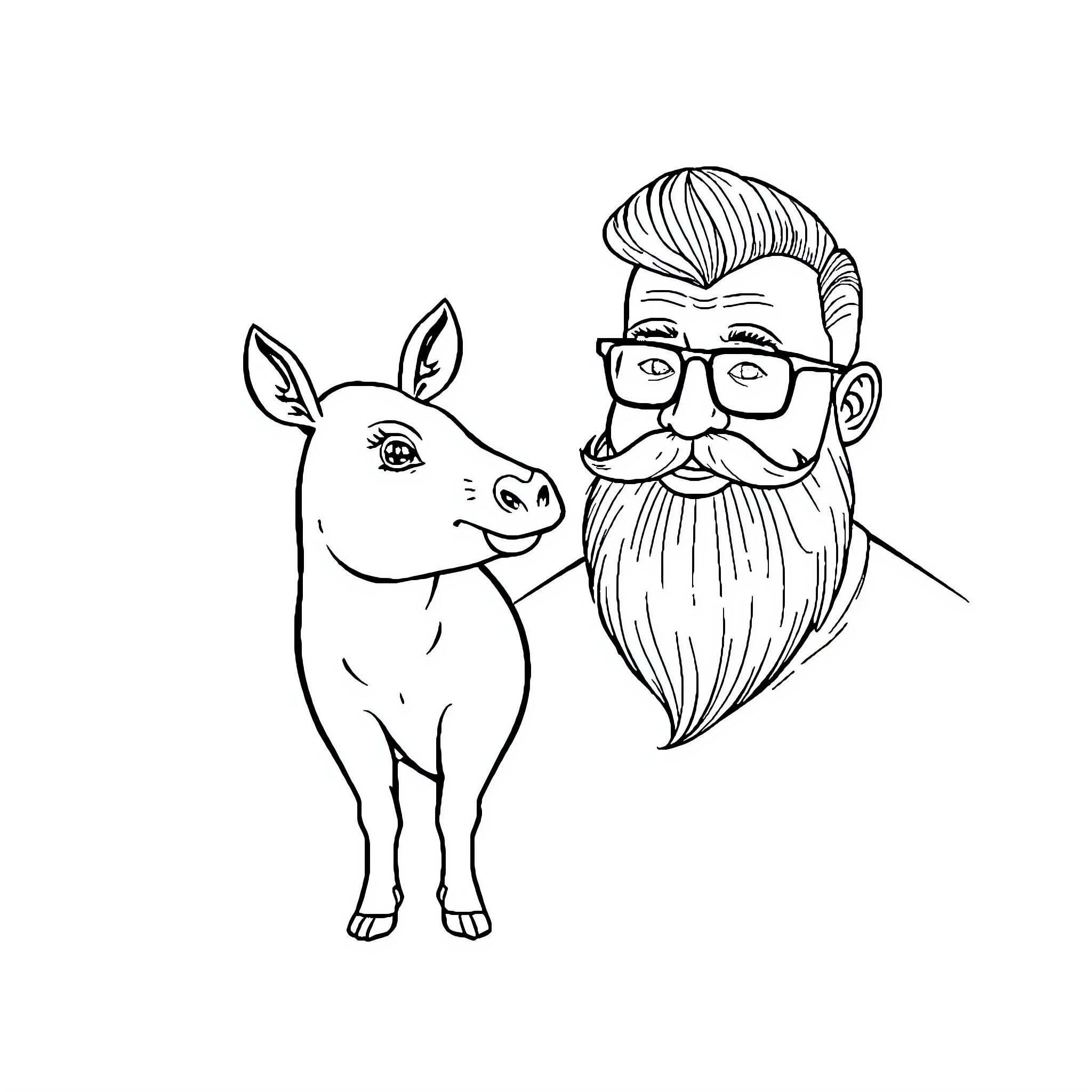 Capybara and Bearded Man in Glasses Coloring Page (free black-and-white line drawing printable PDF for all, from beginners to advanced learners, including children, teens, adults, and seniors)
