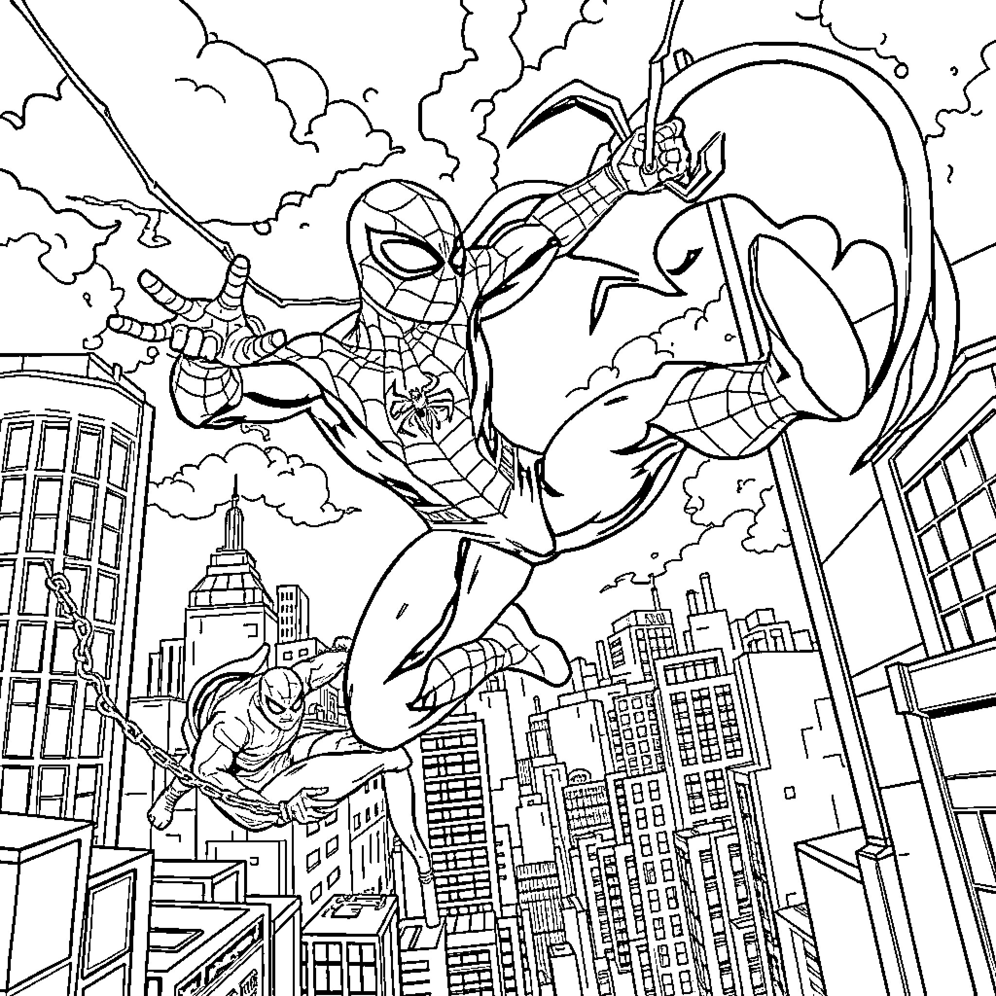 Spiderman swinging through the city skyline Coloring Page (free black-and-white line drawing printable PDF for all, from beginners to advanced learners, including children, teens, adults, and seniors)