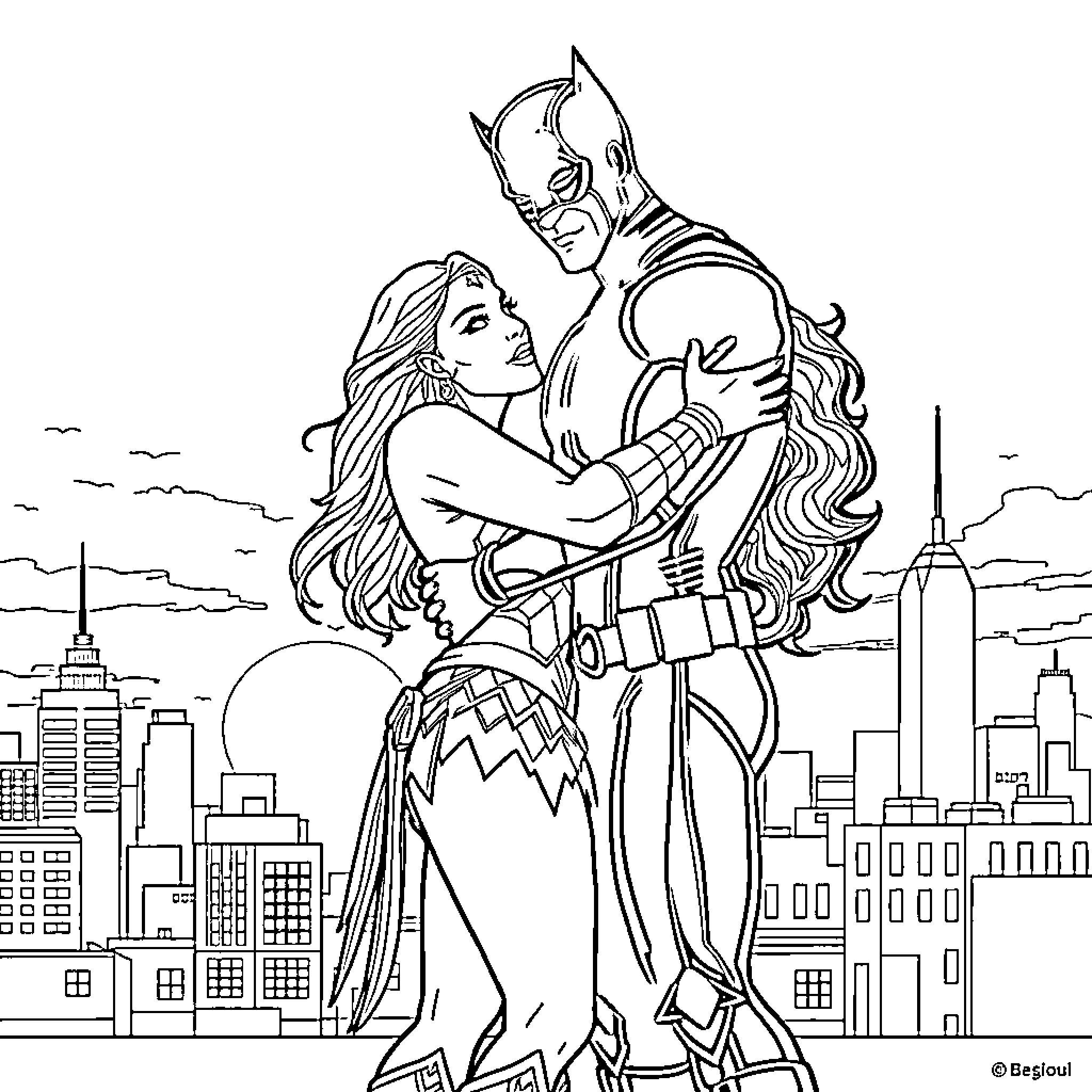 Daredevil heroes in an urban setting Coloring Page (free black-and-white line drawing printable PDF for all, from beginners to advanced learners, including children, teens, adults, and seniors)