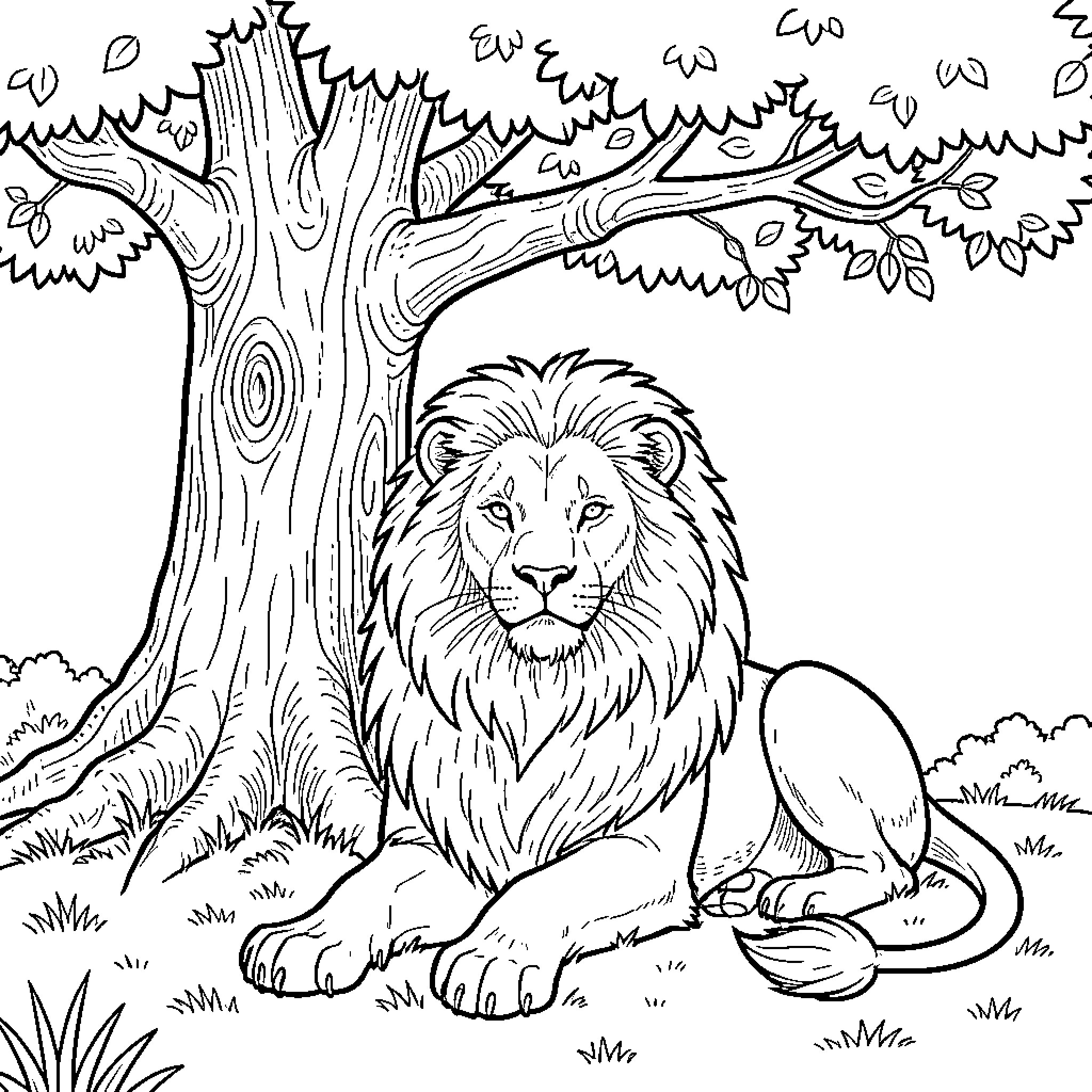 Lion resting under a large tree Coloring Page (free black-and-white line drawing printable PDF for all, from beginners to advanced learners, including children, teens, adults, and seniors)