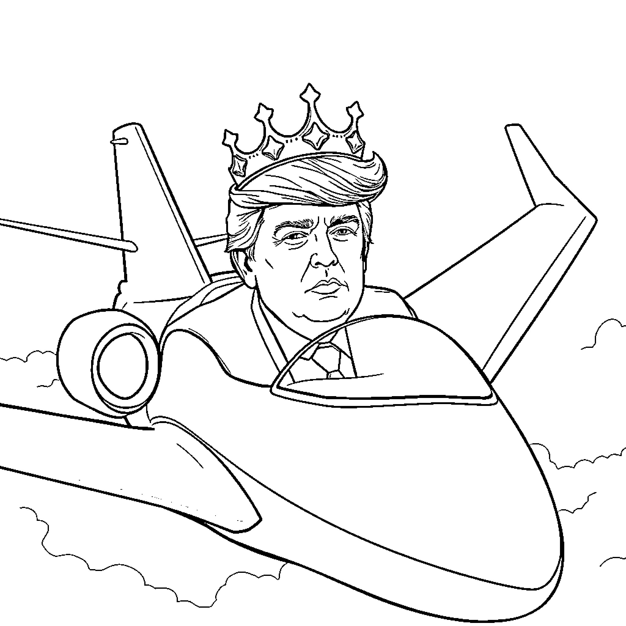 Donald Trump as King of the Skies Coloring Page (free black-and-white line drawing printable PDF for all, from beginners to advanced learners, including children, teens, adults, and seniors)