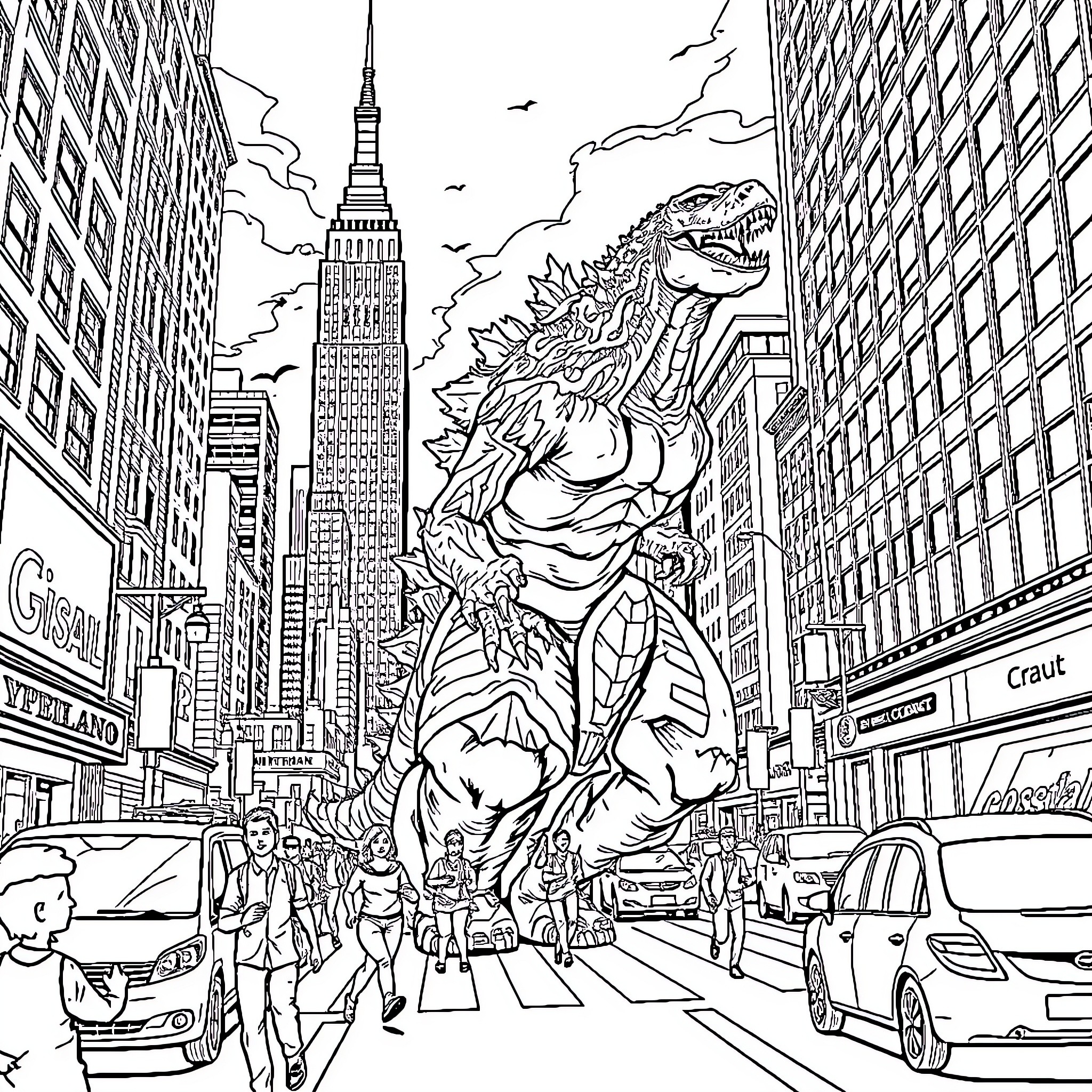 Godzilla Rampages Through a Bustling City Landscape Coloring Page (free black-and-white line drawing printable PDF for all, from beginners to advanced learners, including children, teens, adults, and seniors)