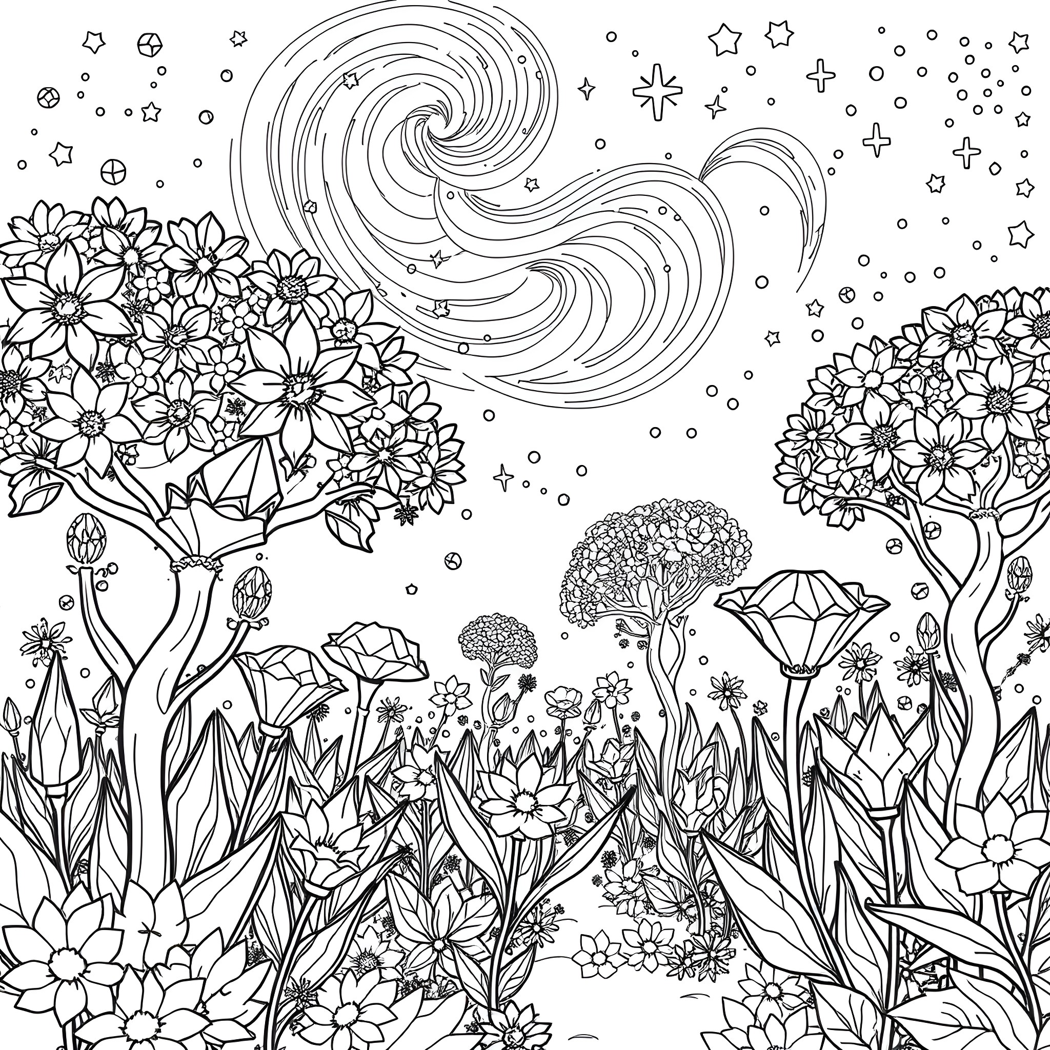 Tree of Blooming Flowers in Starry Nightscape Coloring Page (free black-and-white line drawing printable PDF for all, from beginners to advanced learners, including children, teens, adults, and seniors)