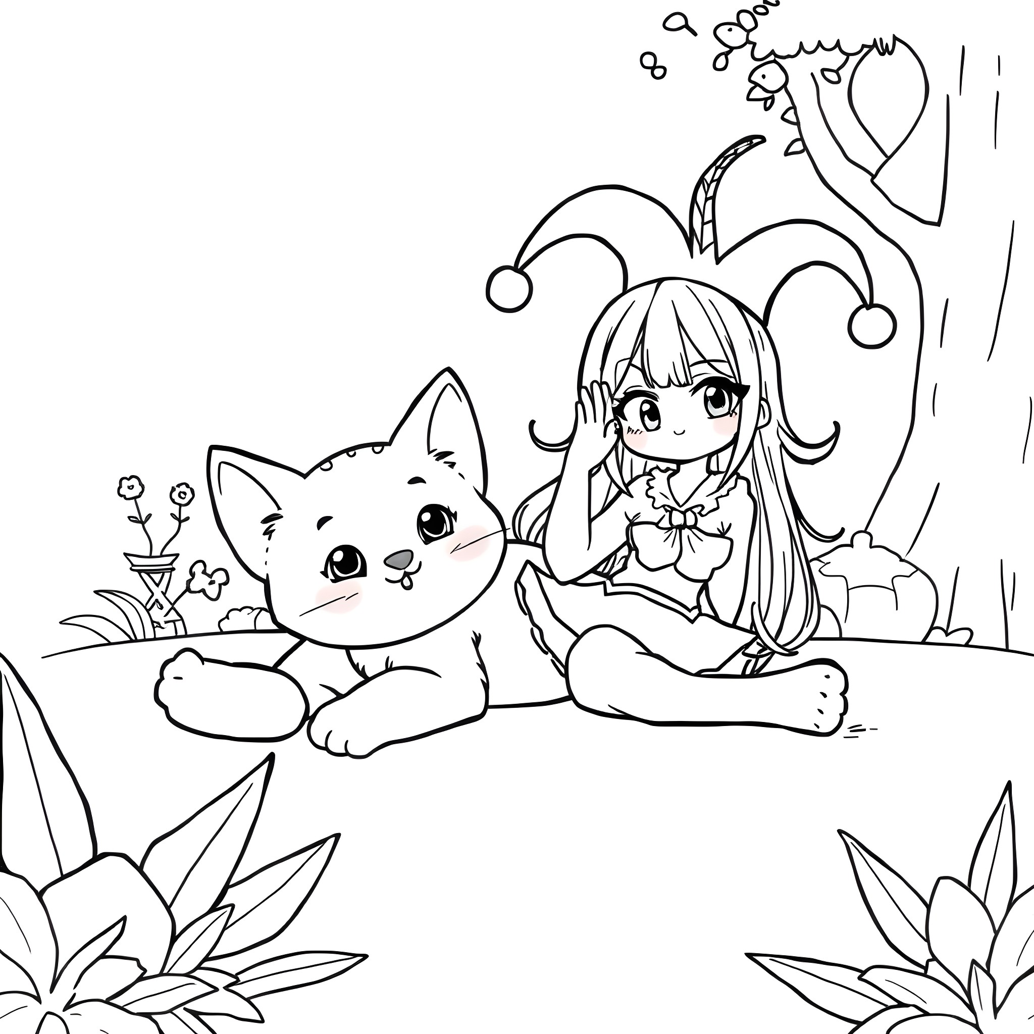 Cinnamon and her kitten friend in a playful scene Coloring Page (free black-and-white line drawing printable PDF for all, from beginners to advanced learners, including children, teens, adults, and seniors)