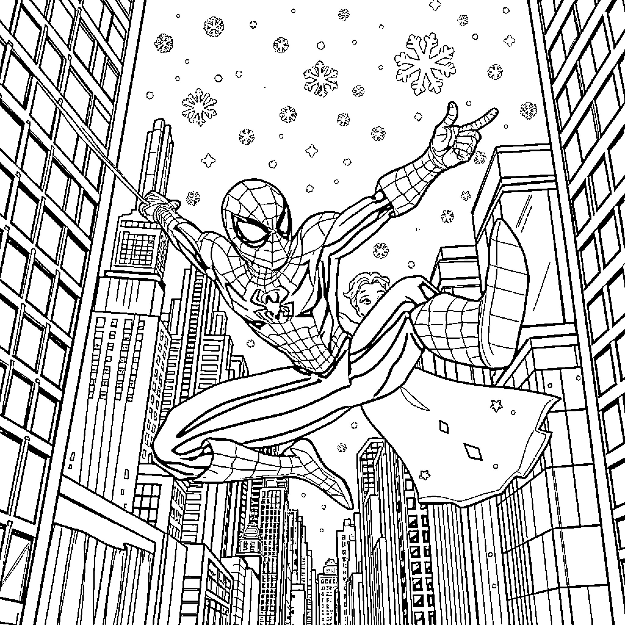 Spidey swinging through the snowy city Coloring Page (free black-and-white line drawing printable PDF for all, from beginners to advanced learners, including children, teens, adults, and seniors)