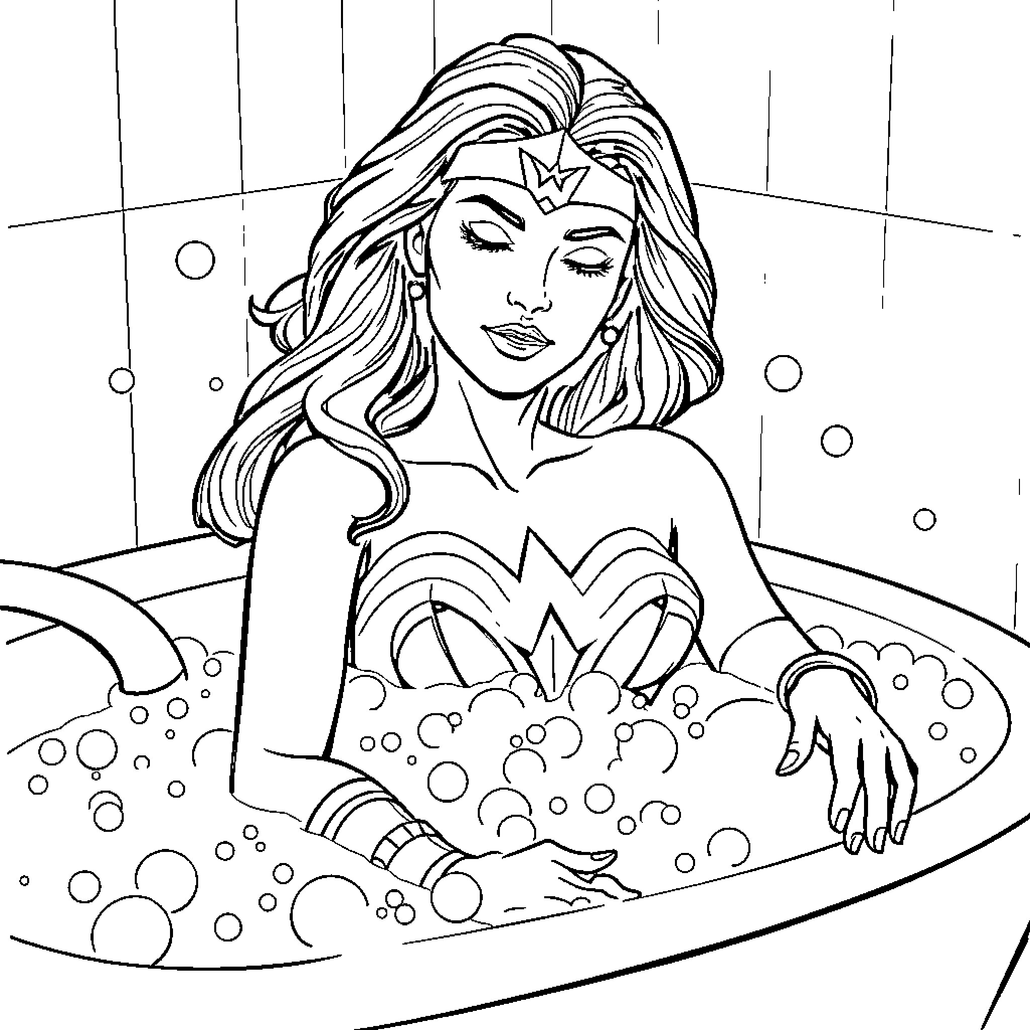 Wonder Woman enjoying a relaxing bath Coloring Page (free black-and-white line drawing printable PDF for all, from beginners to advanced learners, including children, teens, adults, and seniors)