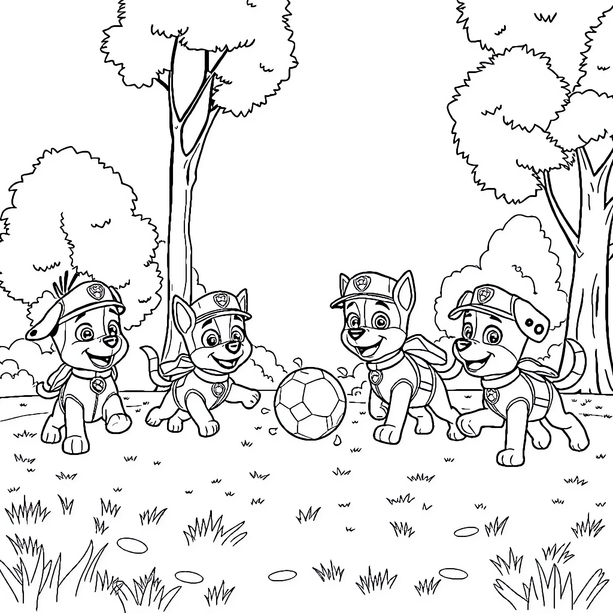 Paw Patrol characters playing with a ball in the park Coloring Page (free black-and-white line drawing printable PDF for all, from beginners to advanced learners, including children, teens, adults, and seniors)