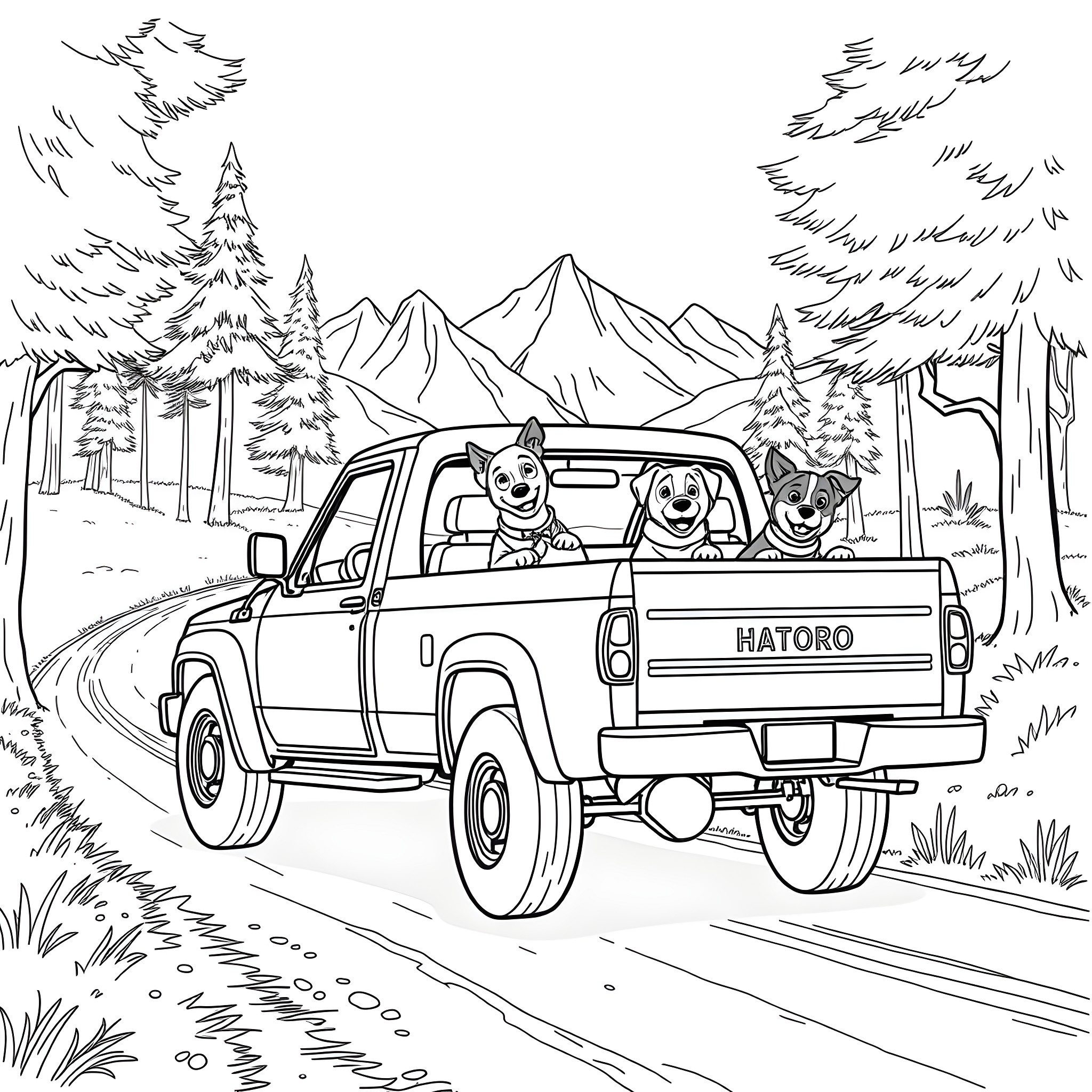 Dad and dogs taking a mountain road trip Coloring Page (free black-and-white line drawing printable PDF for all, from beginners to advanced learners, including children, teens, adults, and seniors)