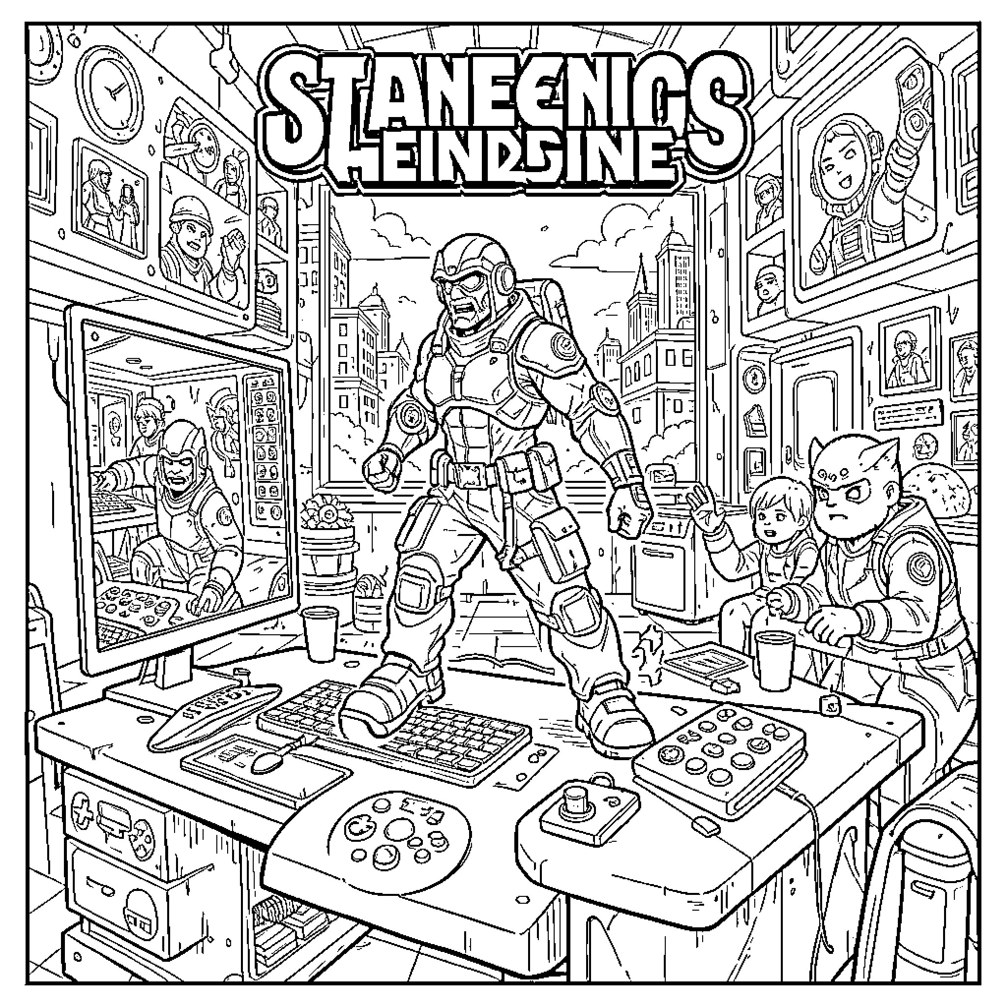 Gaming characters interacting in a futuristic space station Coloring Page (free black-and-white line drawing printable PDF for all, from beginners to advanced learners, including children, teens, adults, and seniors)