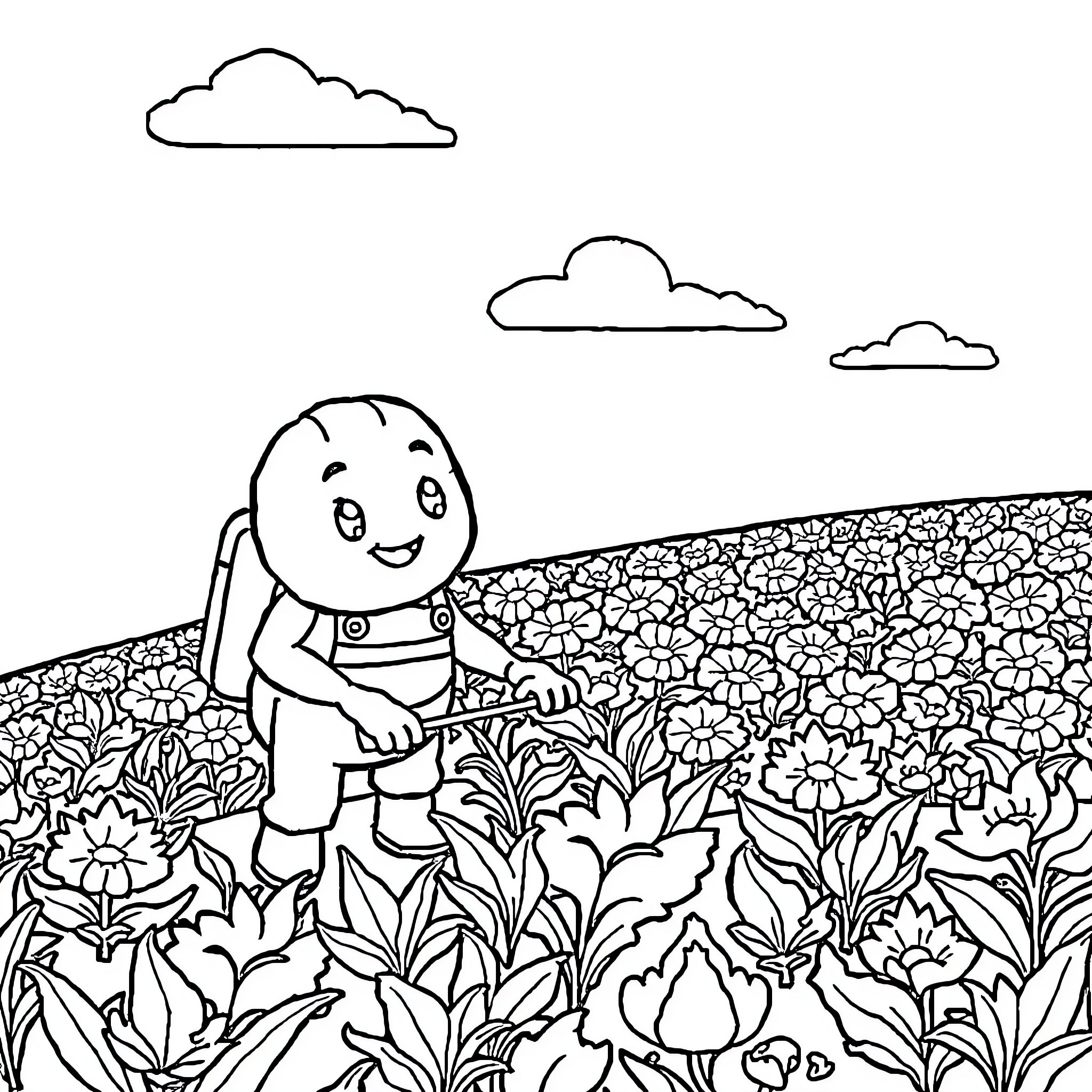 Labubu explores a floral landscape Coloring Page (free black-and-white line drawing printable PDF for all, from beginners to advanced learners, including children, teens, adults, and seniors)