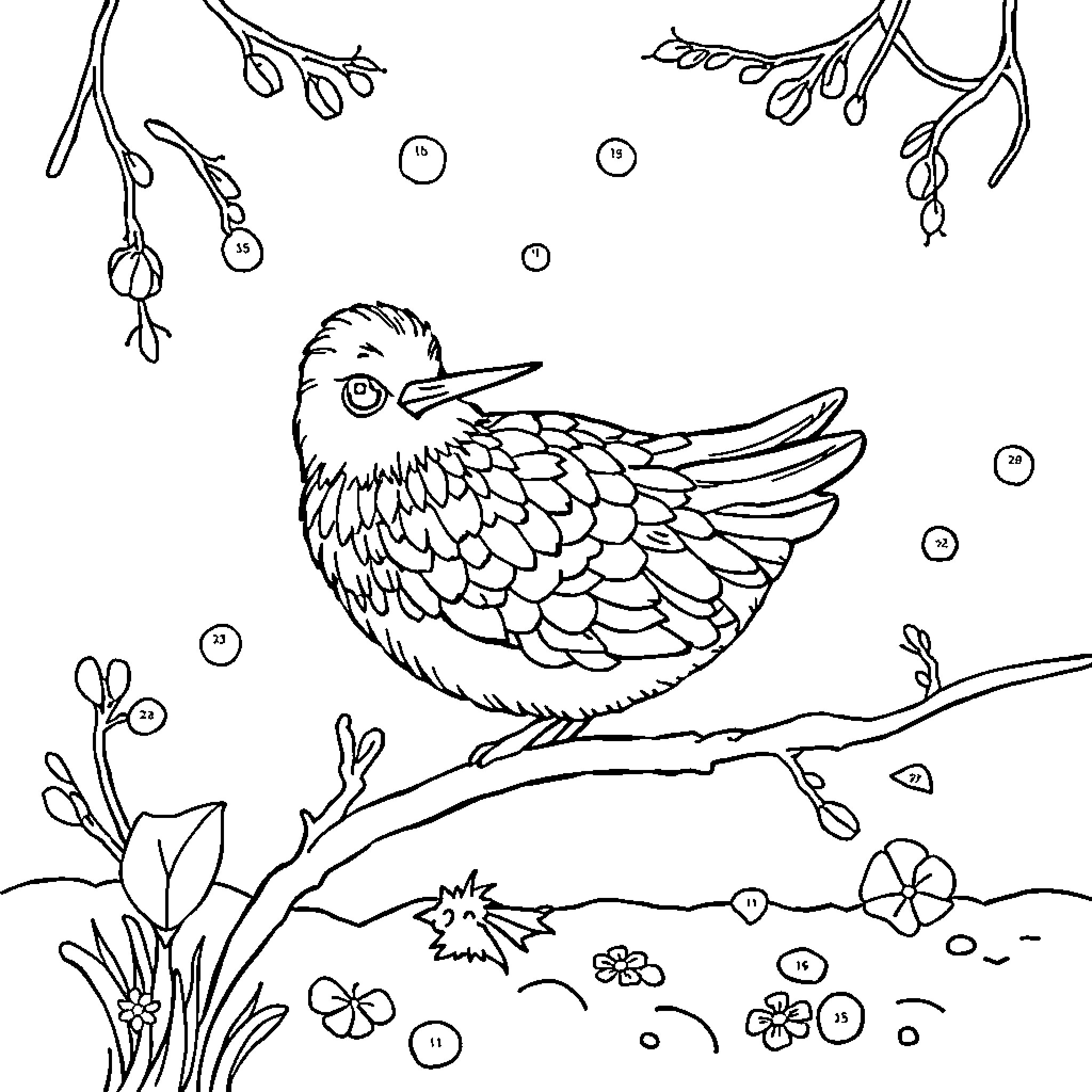 Pin Up Girl Bird in Botanical Garden Coloring Page (free black-and-white line drawing printable PDF for all, from beginners to advanced learners, including children, teens, adults, and seniors)