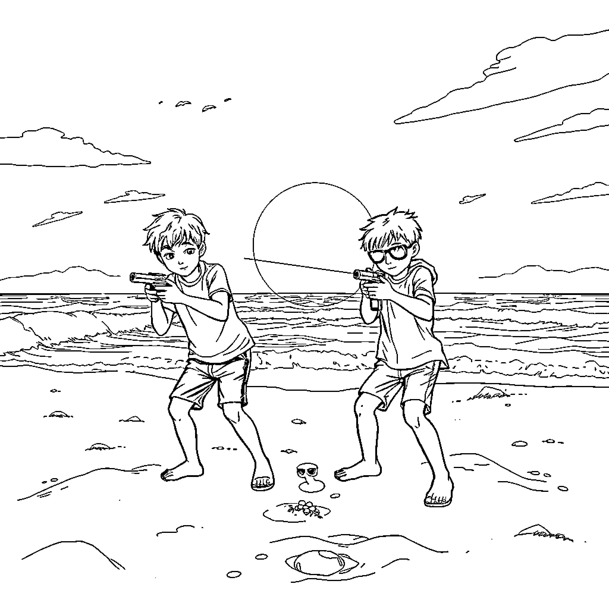 Boys playing with toy guns on the beach Coloring Page (free black-and-white line drawing printable PDF for all, from beginners to advanced learners, including children, teens, adults, and seniors)