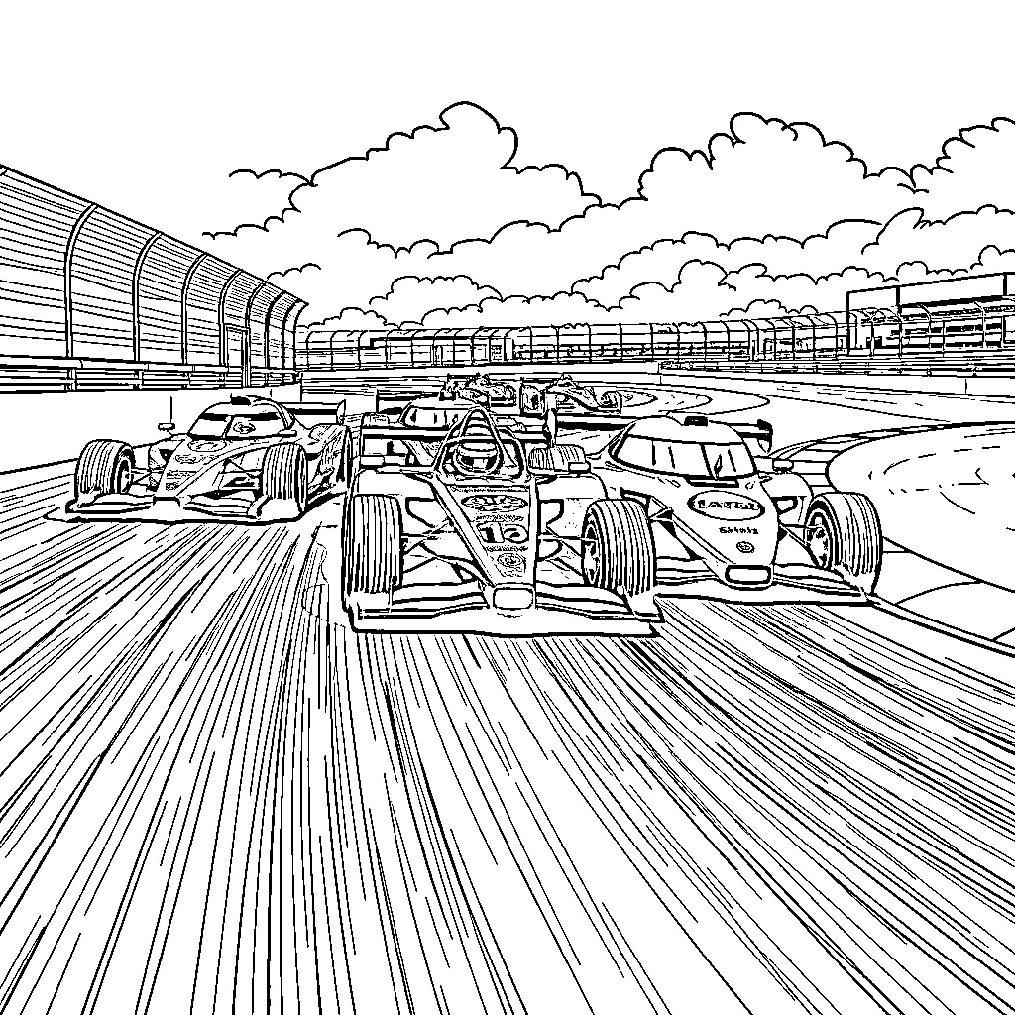 Racecar drivers competing on the track Coloring Page (free black-and-white line drawing printable PDF for all, from beginners to advanced learners, including children, teens, adults, and seniors)