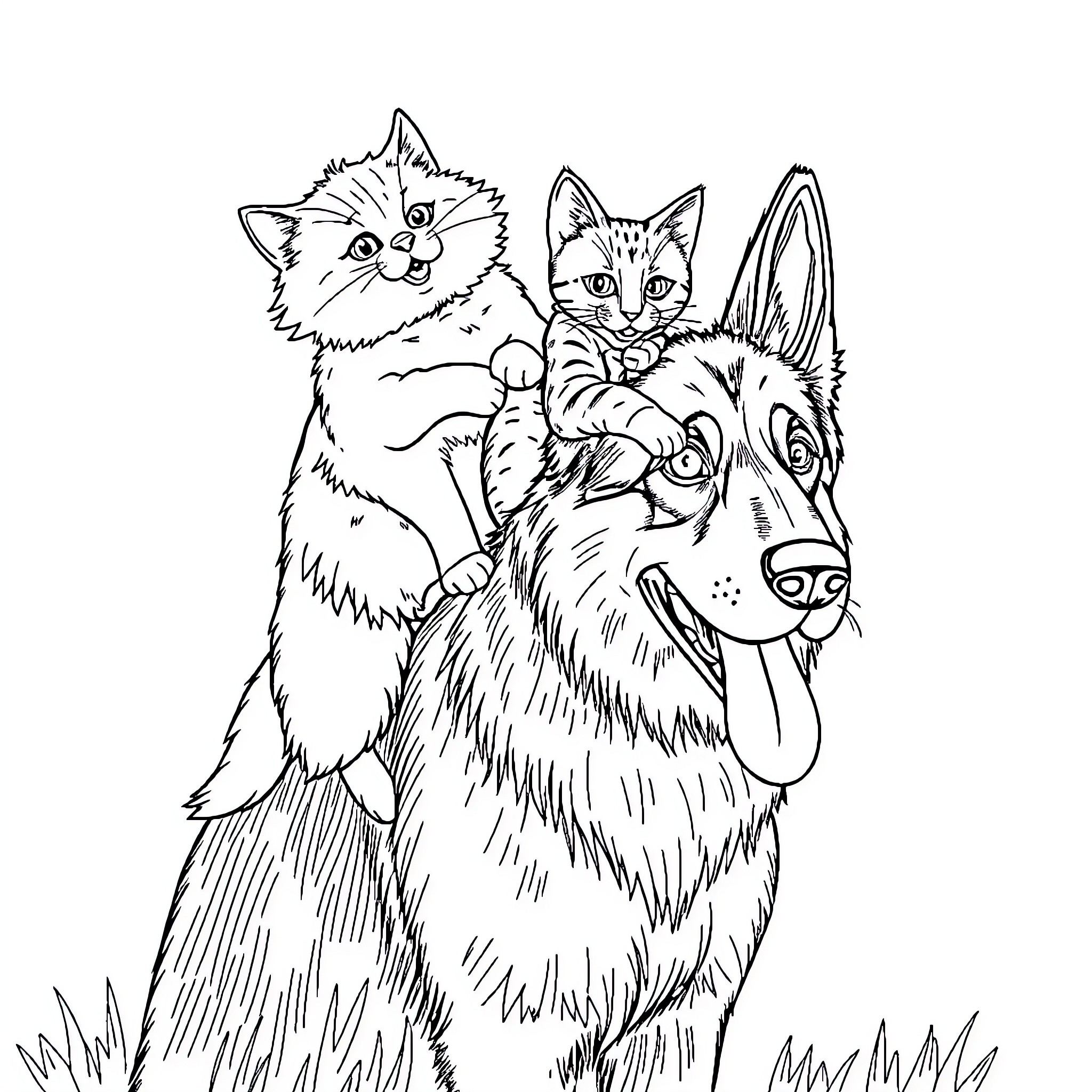 Cat and Puppy Companions in Nature Coloring Page (free black-and-white line drawing printable PDF for all, from beginners to advanced learners, including children, teens, adults, and seniors)