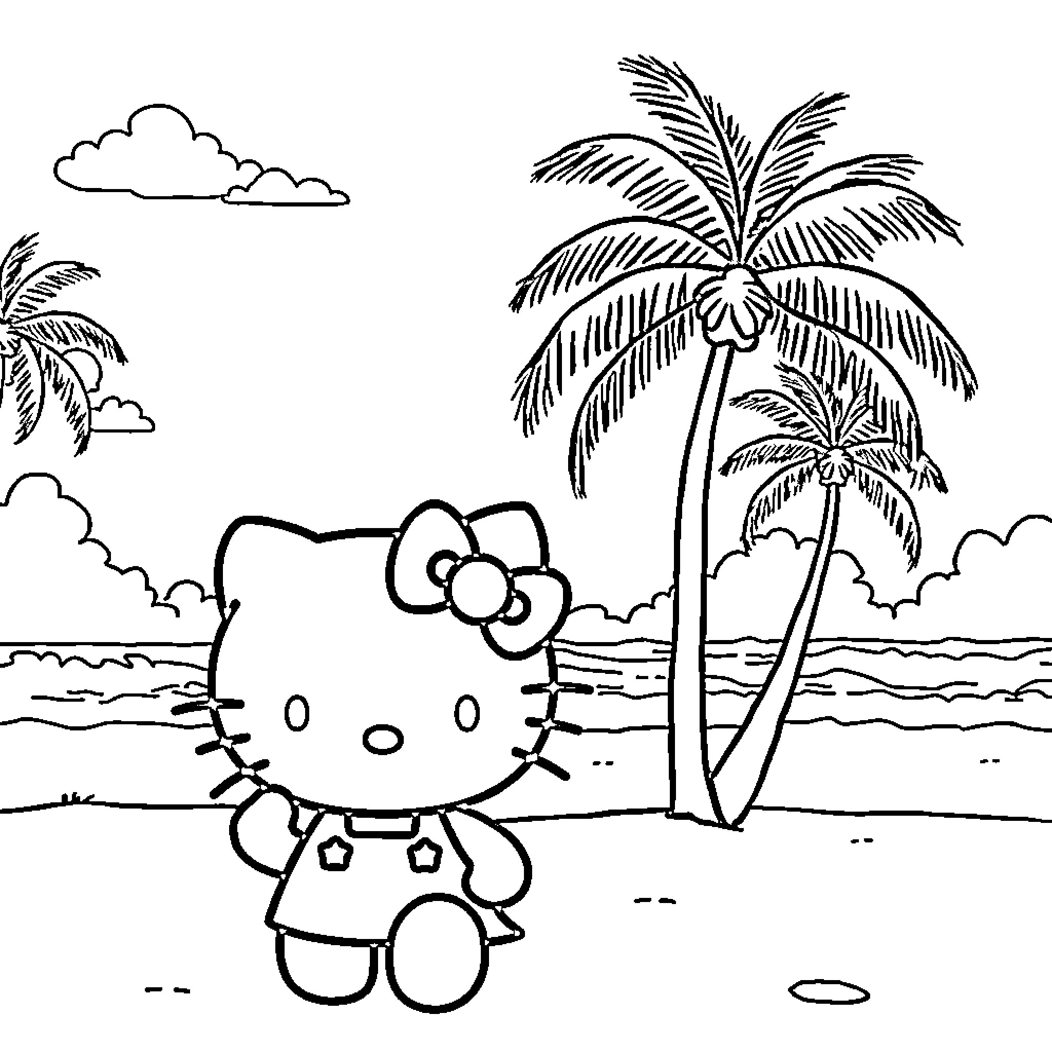 Hello Kitty enjoying a tropical beach scene Coloring Page (free black-and-white line drawing printable PDF for all, from beginners to advanced learners, including children, teens, adults, and seniors)