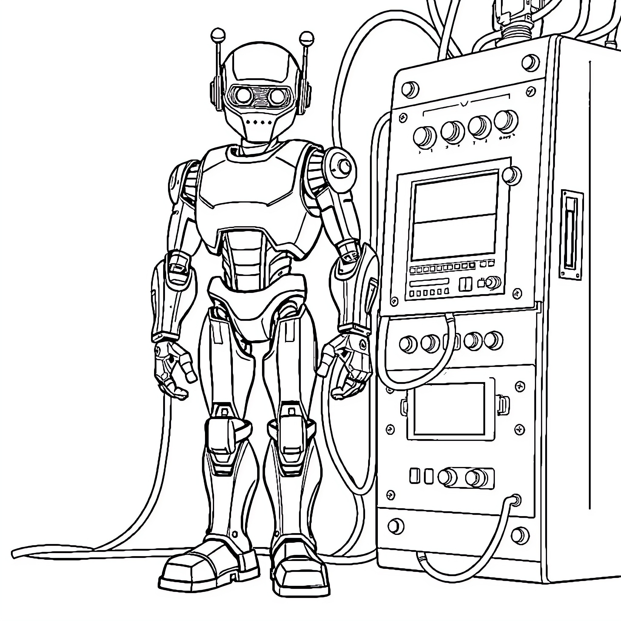 Robot repairing complex technological device Coloring Page (free black-and-white line drawing printable PDF for all, from beginners to advanced learners, including children, teens, adults, and seniors)