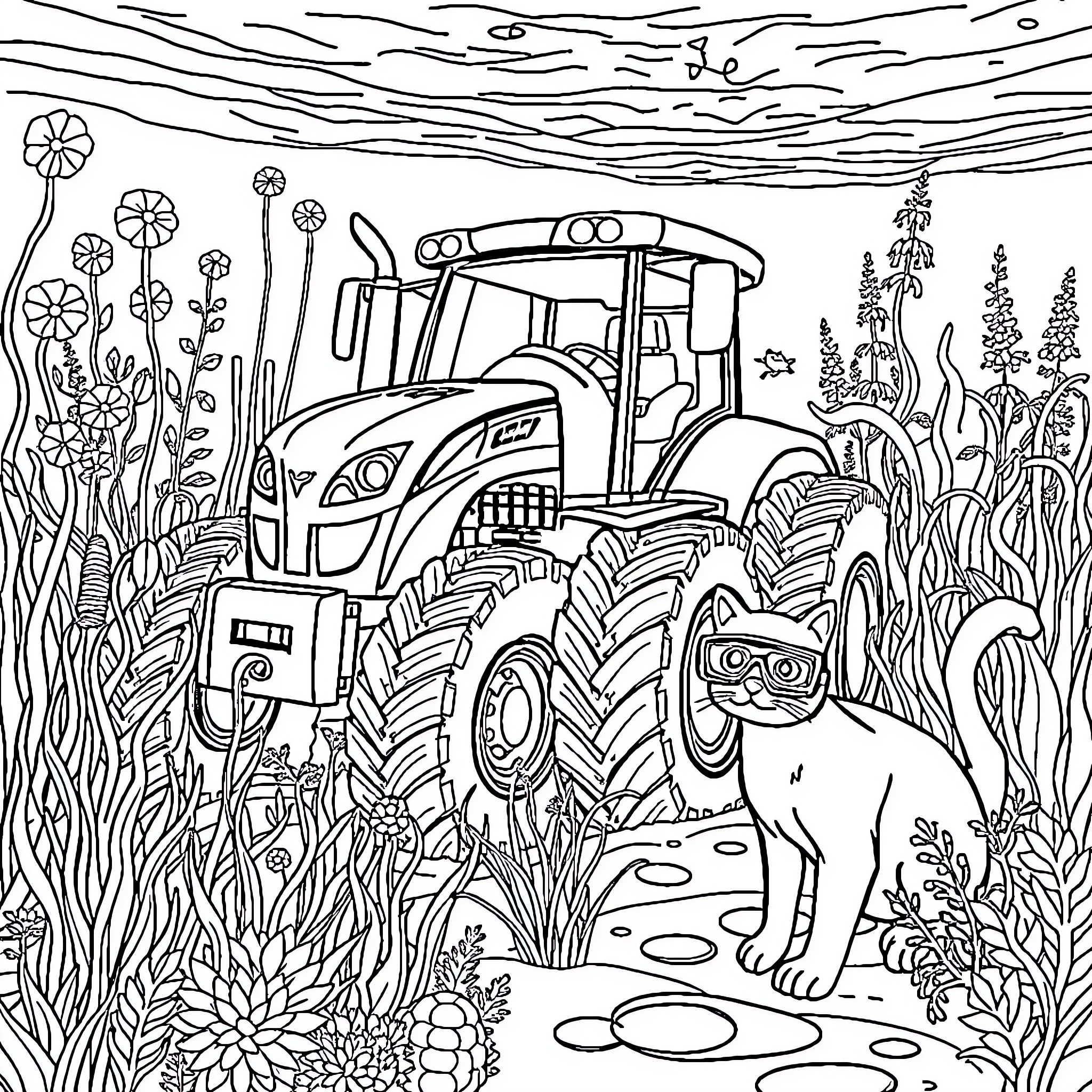 Tractor Plowing Through Lush Floral Landscape Coloring Page (free black-and-white line drawing printable PDF for all, from beginners to advanced learners, including children, teens, adults, and seniors)