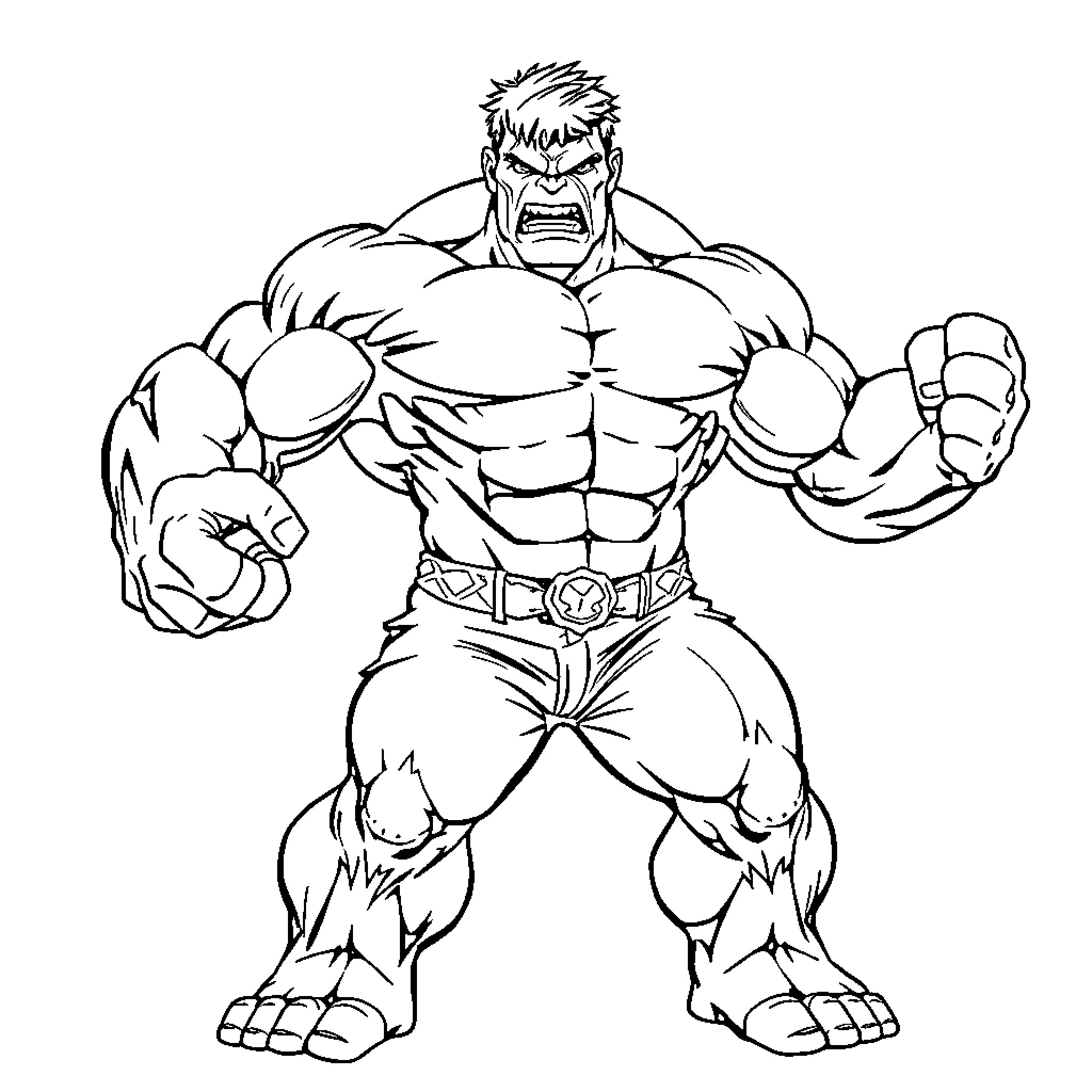 Hulk Roaring with Clenched Fists in Fierce Stance Coloring Page (free black-and-white line drawing printable PDF for all, from beginners to advanced learners, including children, teens, adults, and seniors)