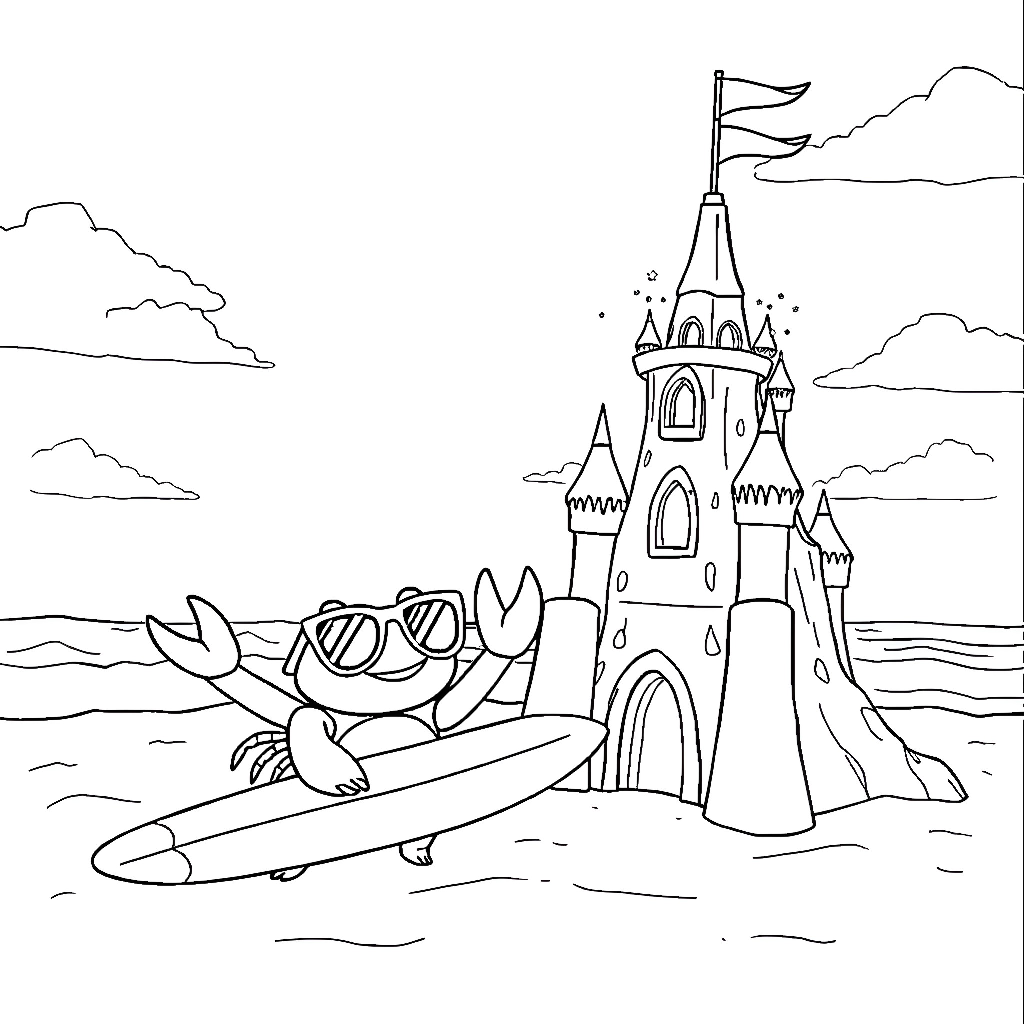 Crab surfing beside castle on the beach Coloring Page (free black-and-white line drawing printable PDF for all, from beginners to advanced learners, including children, teens, adults, and seniors)