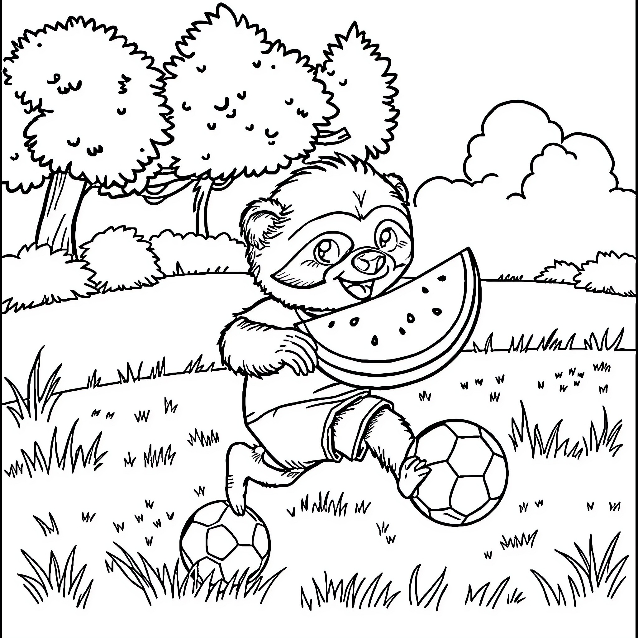 Sloth playing with watermelon and soccer ball in the park Coloring Page (free black-and-white line drawing printable PDF for all, from beginners to advanced learners, including children, teens, adults, and seniors)