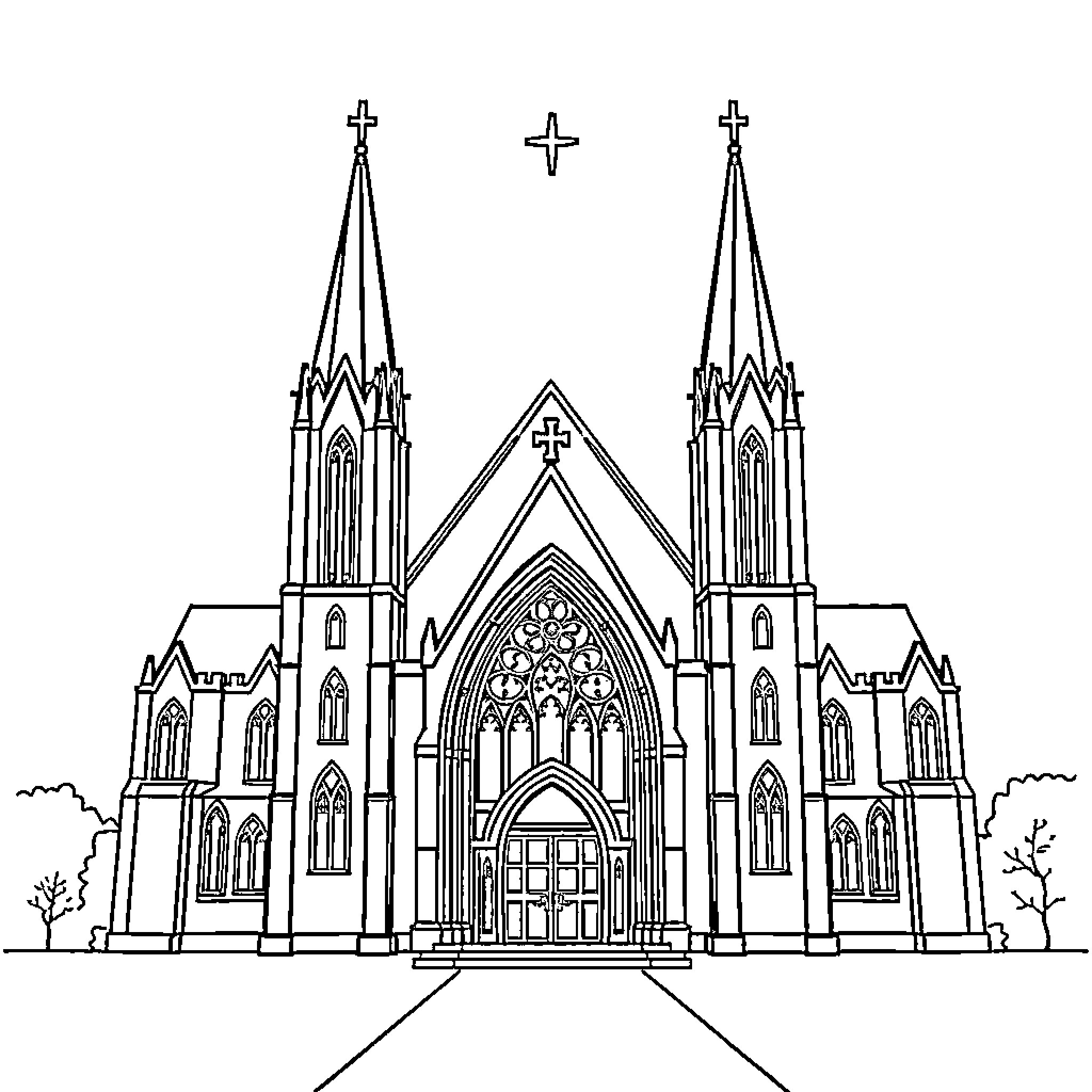 Church with Gothic architectural features Coloring Page (free black-and-white line drawing printable PDF for all, from beginners to advanced learners, including children, teens, adults, and seniors)