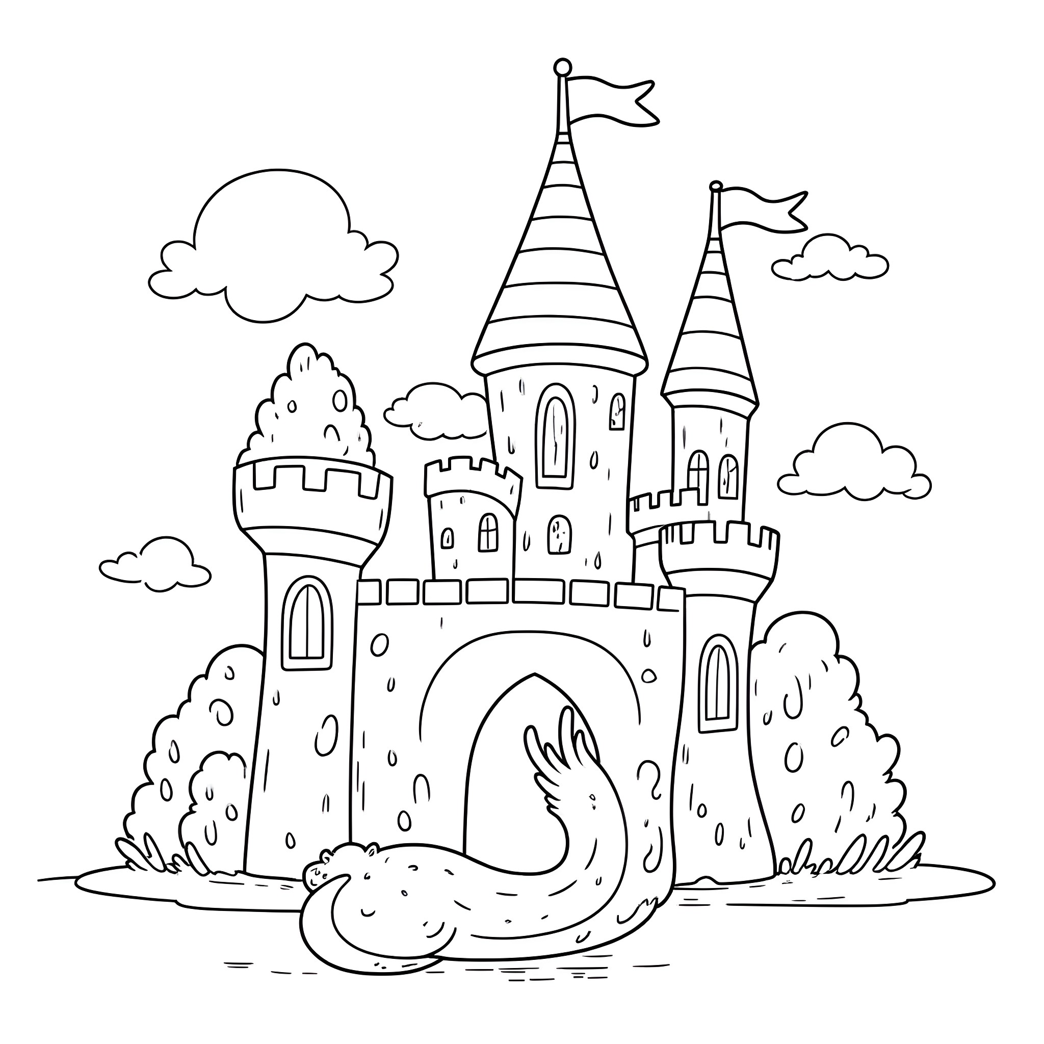 Axolotl relaxing in the magical castle garden Coloring Page (free black-and-white line drawing printable PDF for all, from beginners to advanced learners, including children, teens, adults, and seniors)