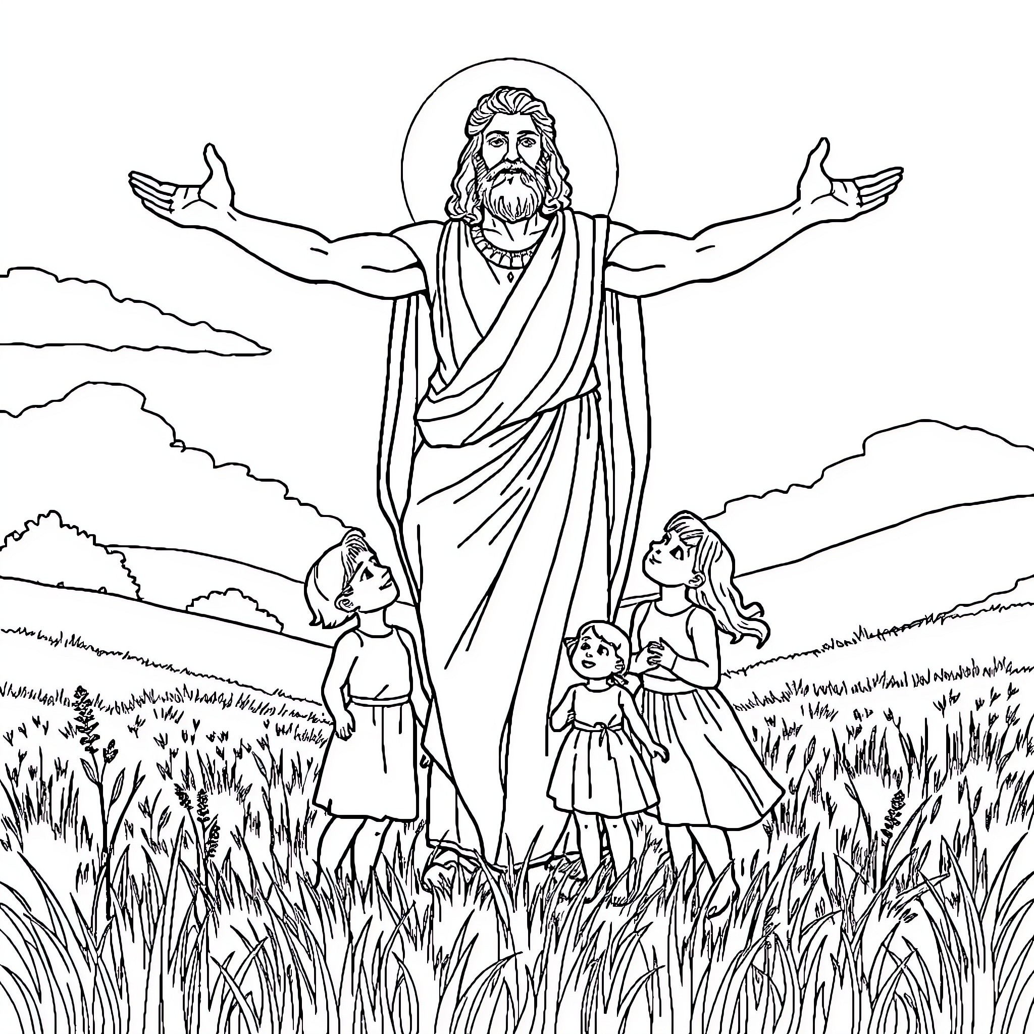 Greek God Embracing and Blessing His People Coloring Page (free black-and-white line drawing printable PDF for all, from beginners to advanced learners, including children, teens, adults, and seniors)