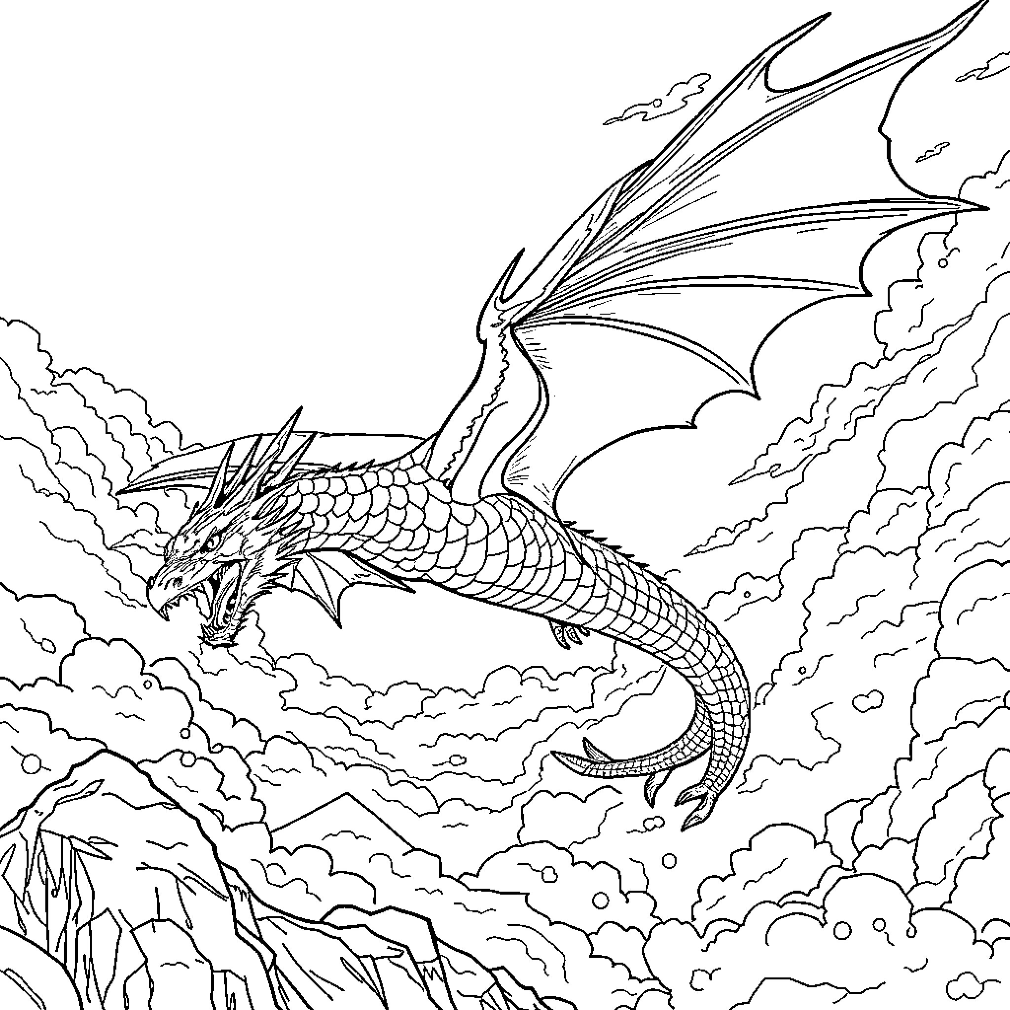 Dragon Soaring Through Cloudy Skies Coloring Page (free black-and-white line drawing printable PDF for all, from beginners to advanced learners, including children, teens, adults, and seniors)