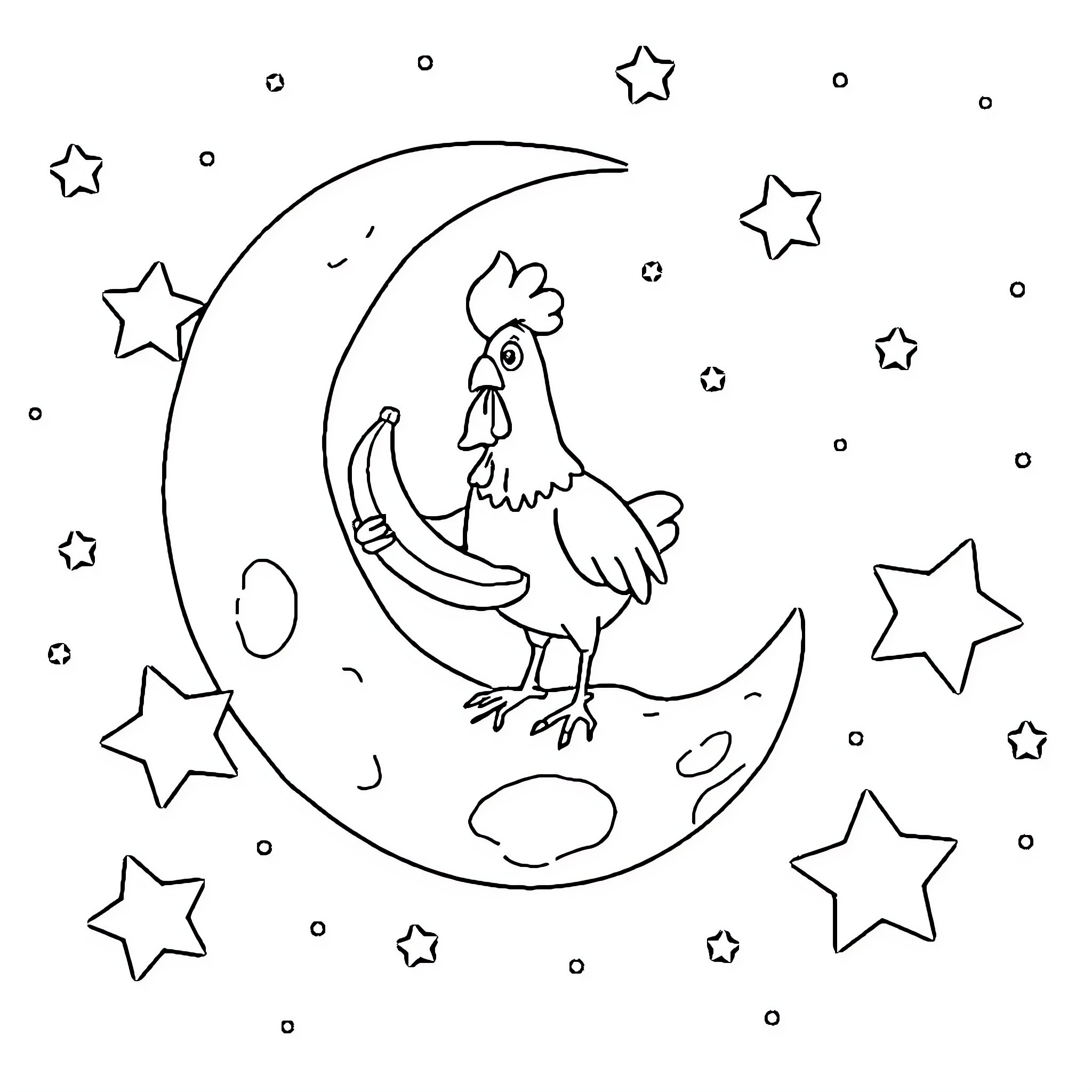 Chicken resting on the crescent moon with stars Coloring Page (free black-and-white line drawing printable PDF for all, from beginners to advanced learners, including children, teens, adults, and seniors)