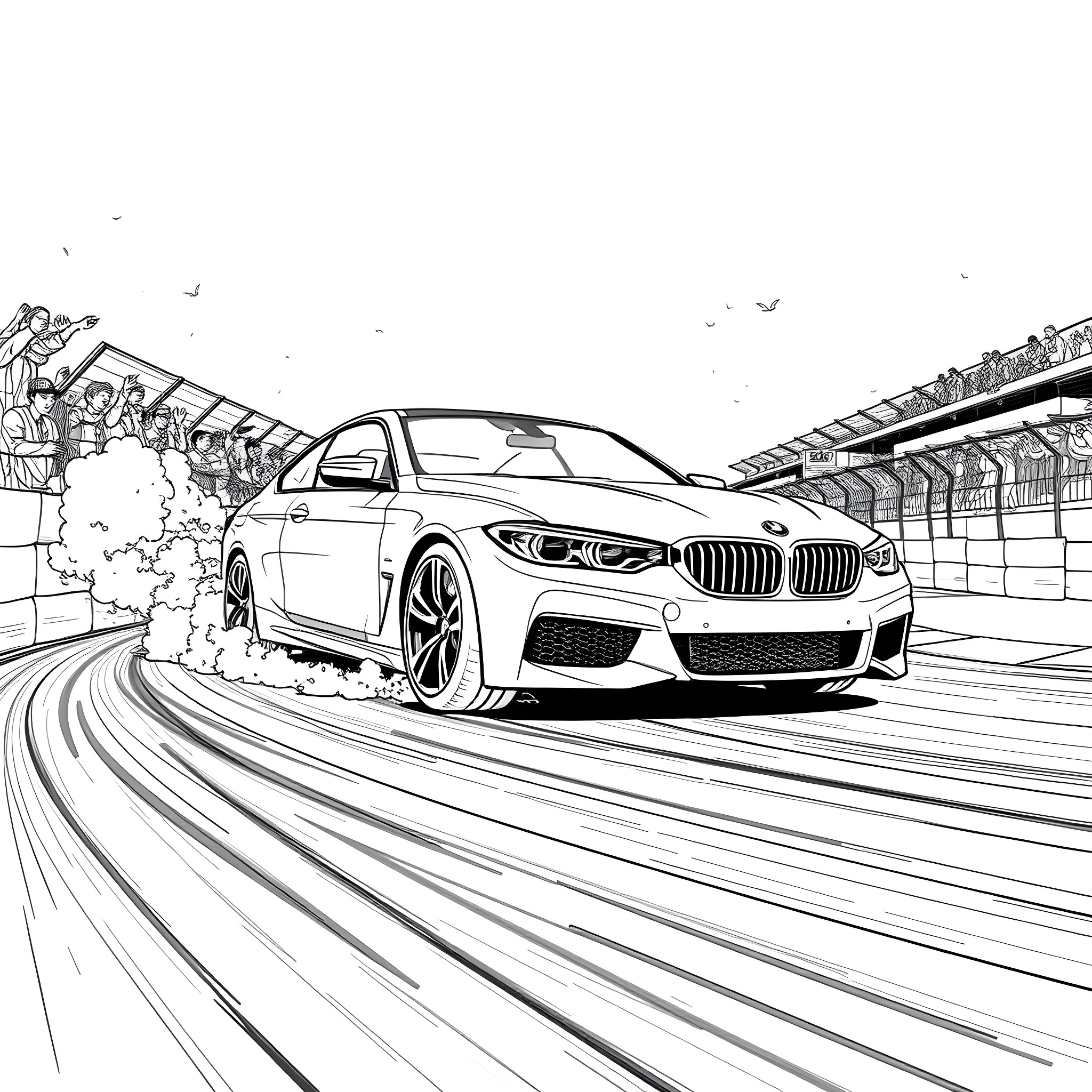 BMW Sports Car Racing on the Track Coloring Page (free black-and-white line drawing printable PDF for all, from beginners to advanced learners, including children, teens, adults, and seniors)