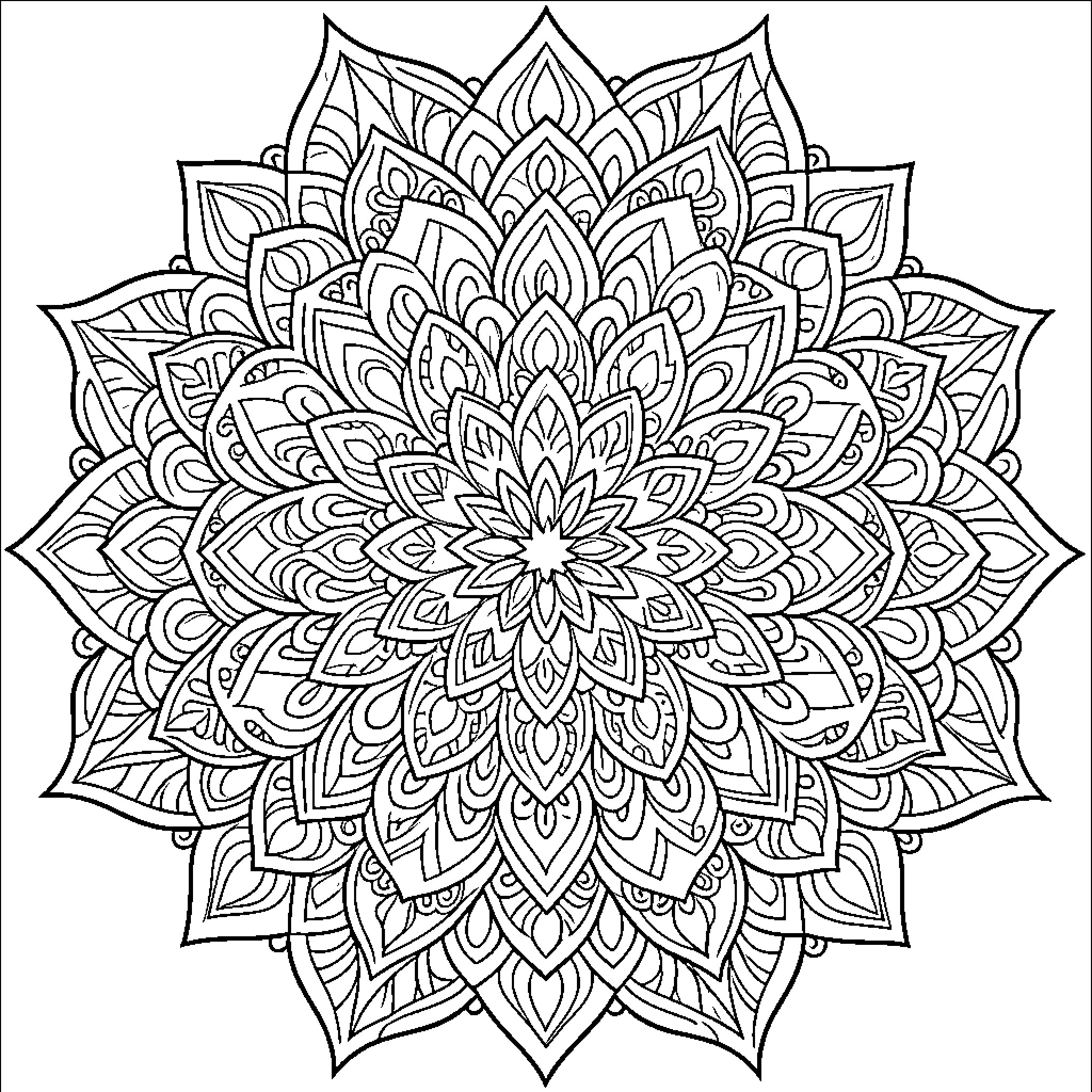 Mandala of intricate floral patterns Coloring Page (free black-and-white line drawing printable PDF for all, from beginners to advanced learners, including children, teens, adults, and seniors)