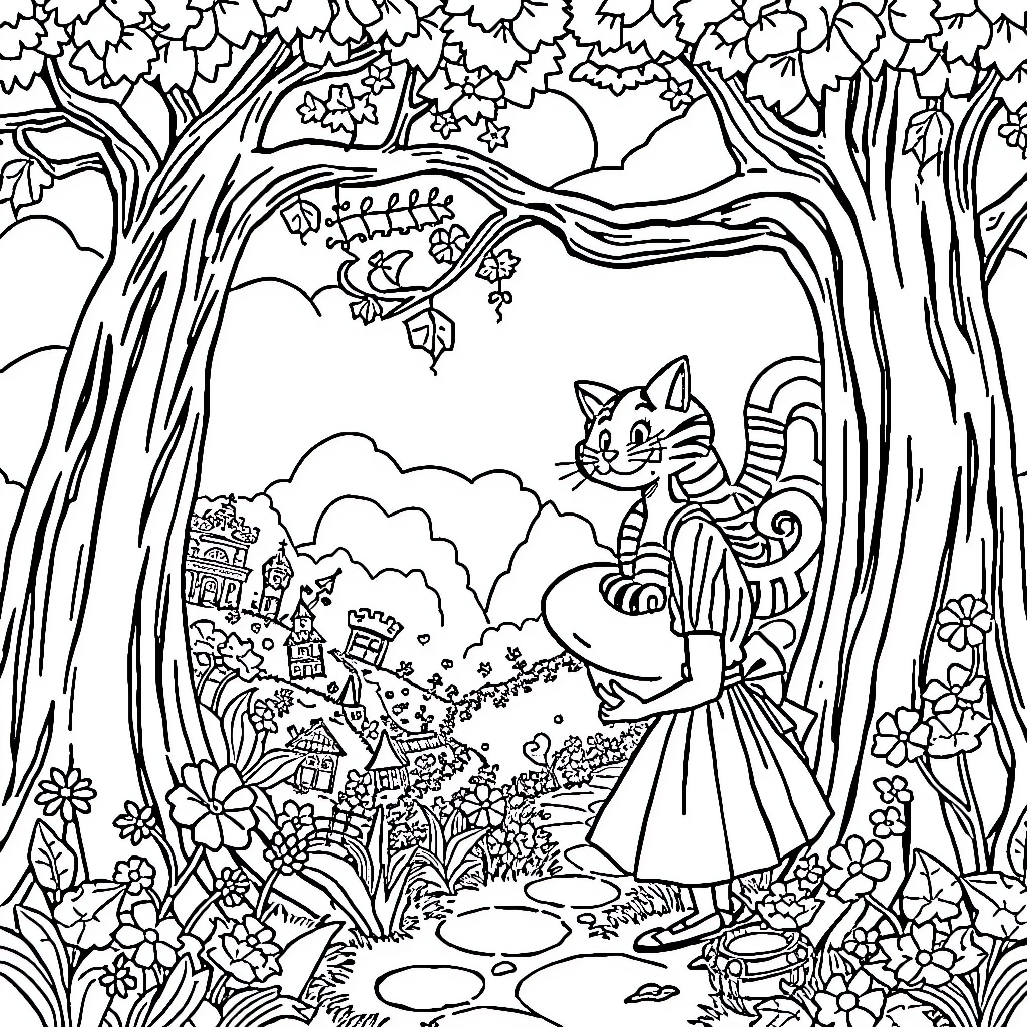 Alice in a whimsical forest scene Coloring Page (free black-and-white line drawing printable PDF for all, from beginners to advanced learners, including children, teens, adults, and seniors)