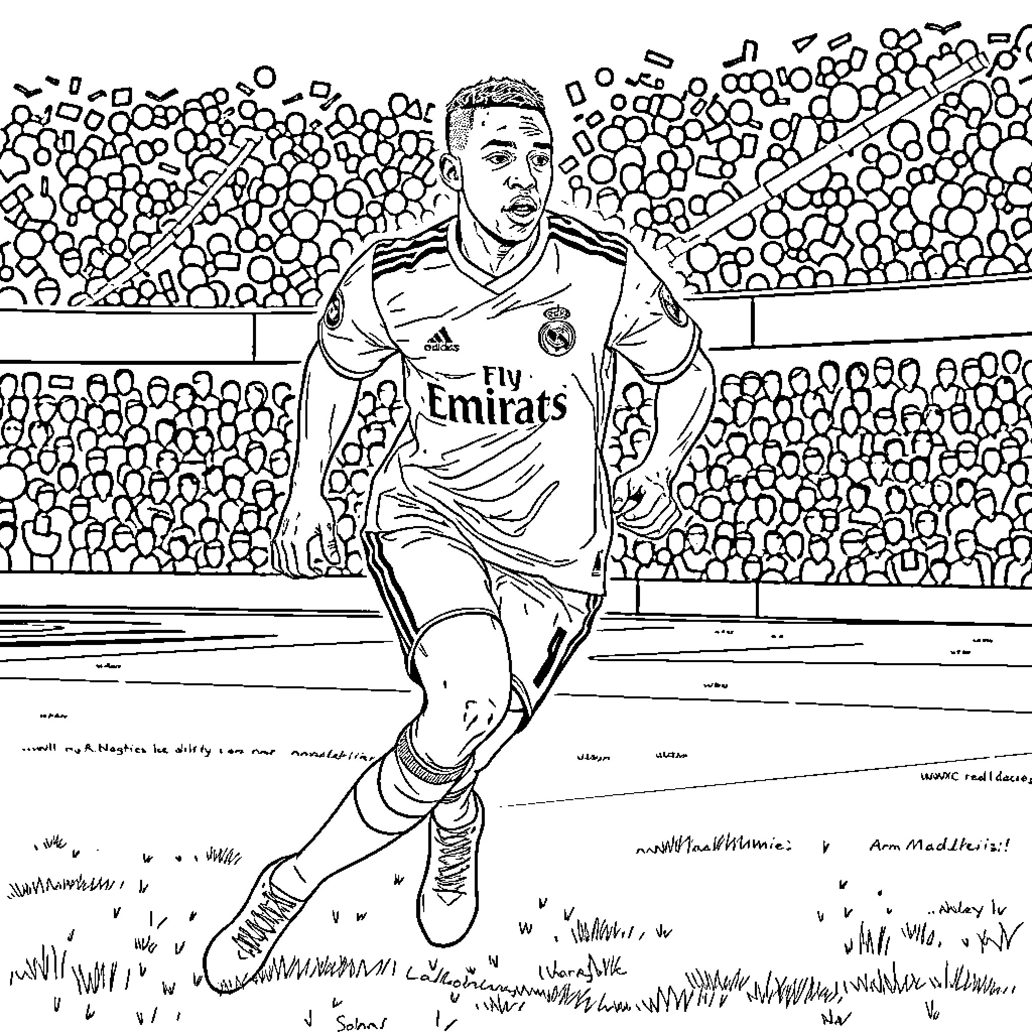 Mbappe in action on the football field Coloring Page (free black-and-white line drawing printable PDF for all, from beginners to advanced learners, including children, teens, adults, and seniors)