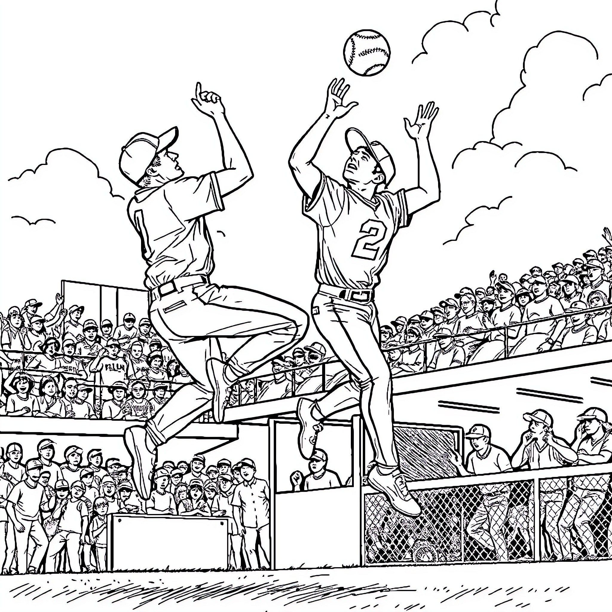 Baseball Players Competing Passionately on the Field Coloring Page (free black-and-white line drawing printable PDF for all, from beginners to advanced learners, including children, teens, adults, and seniors)