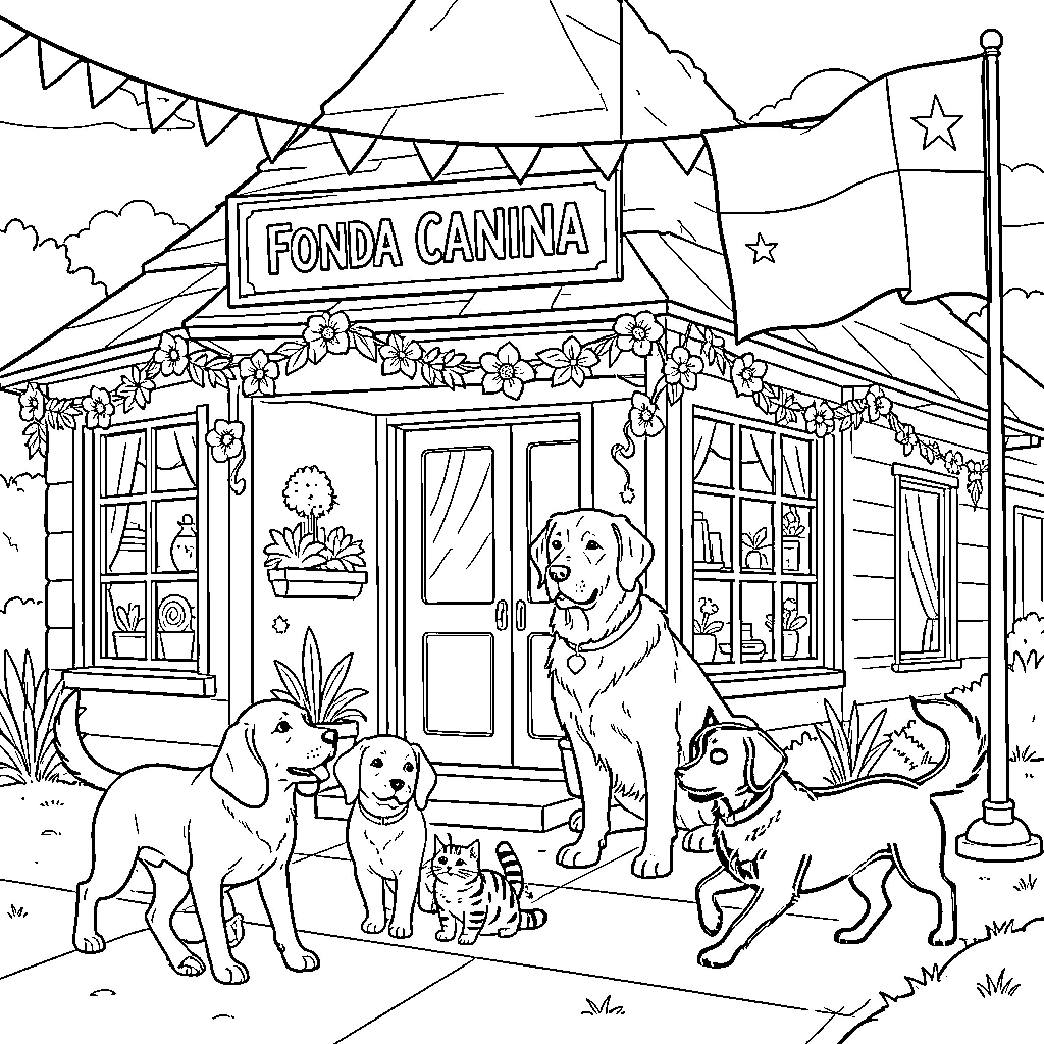 Perro and friends gathered in front of a cottage Coloring Page (free black-and-white line drawing printable PDF for all, from beginners to advanced learners, including children, teens, adults, and seniors)