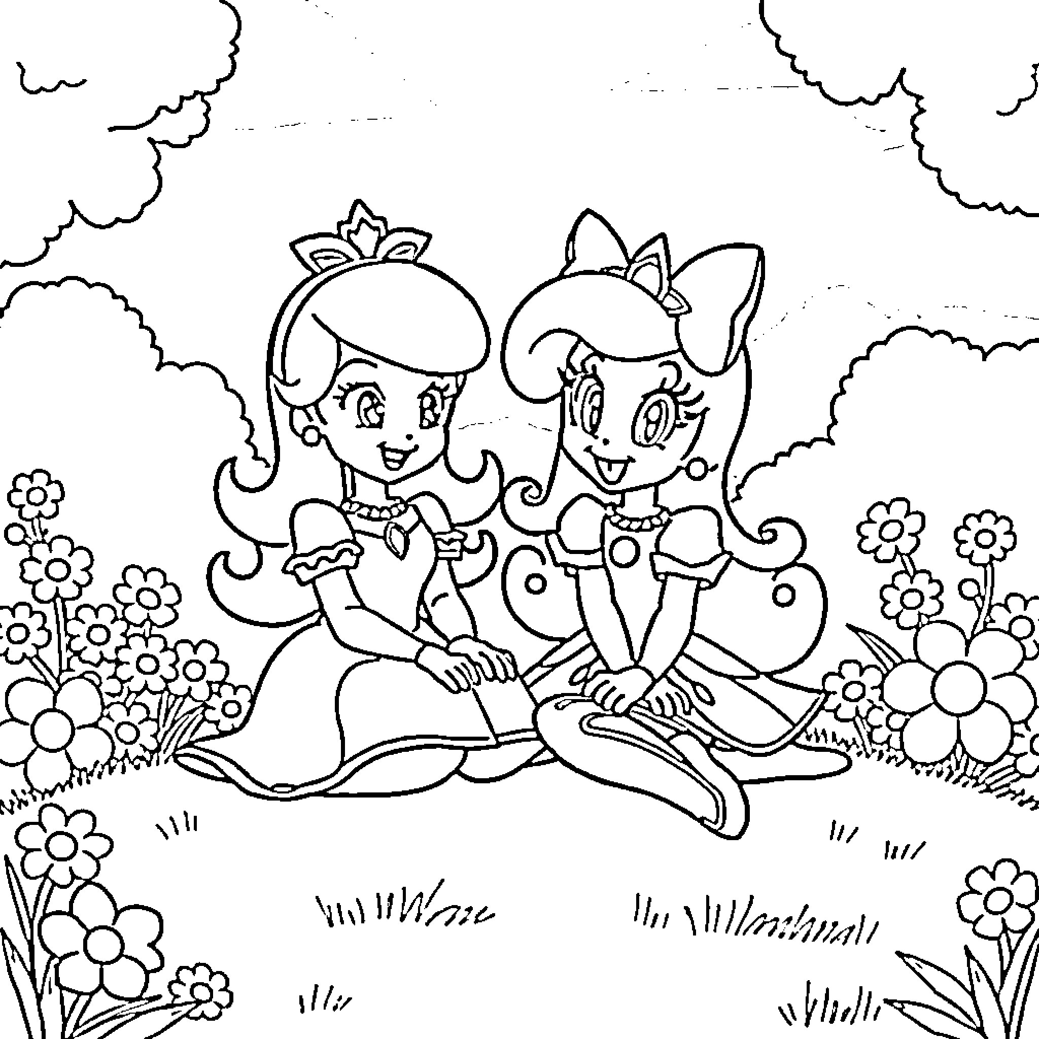 Princess Friends Enjoying Outdoors Together Coloring Page (free black-and-white line drawing printable PDF for all, from beginners to advanced learners, including children, teens, adults, and seniors)