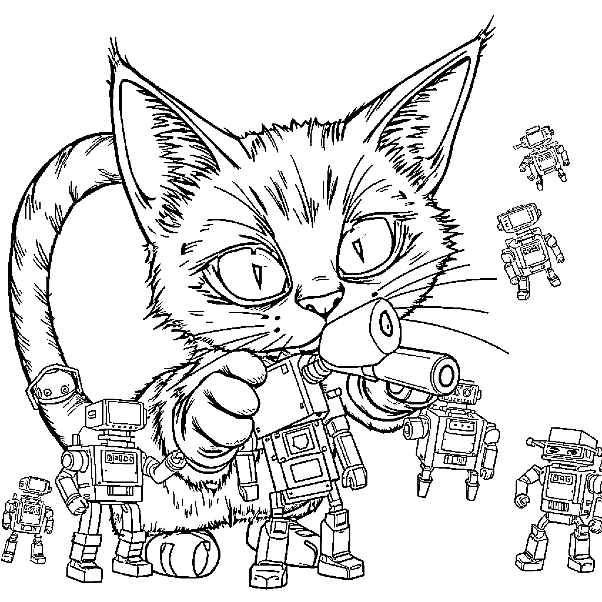 Cat playing with mechanical toys Coloring Page (free black-and-white line drawing printable PDF for all, from beginners to advanced learners, including children, teens, adults, and seniors)