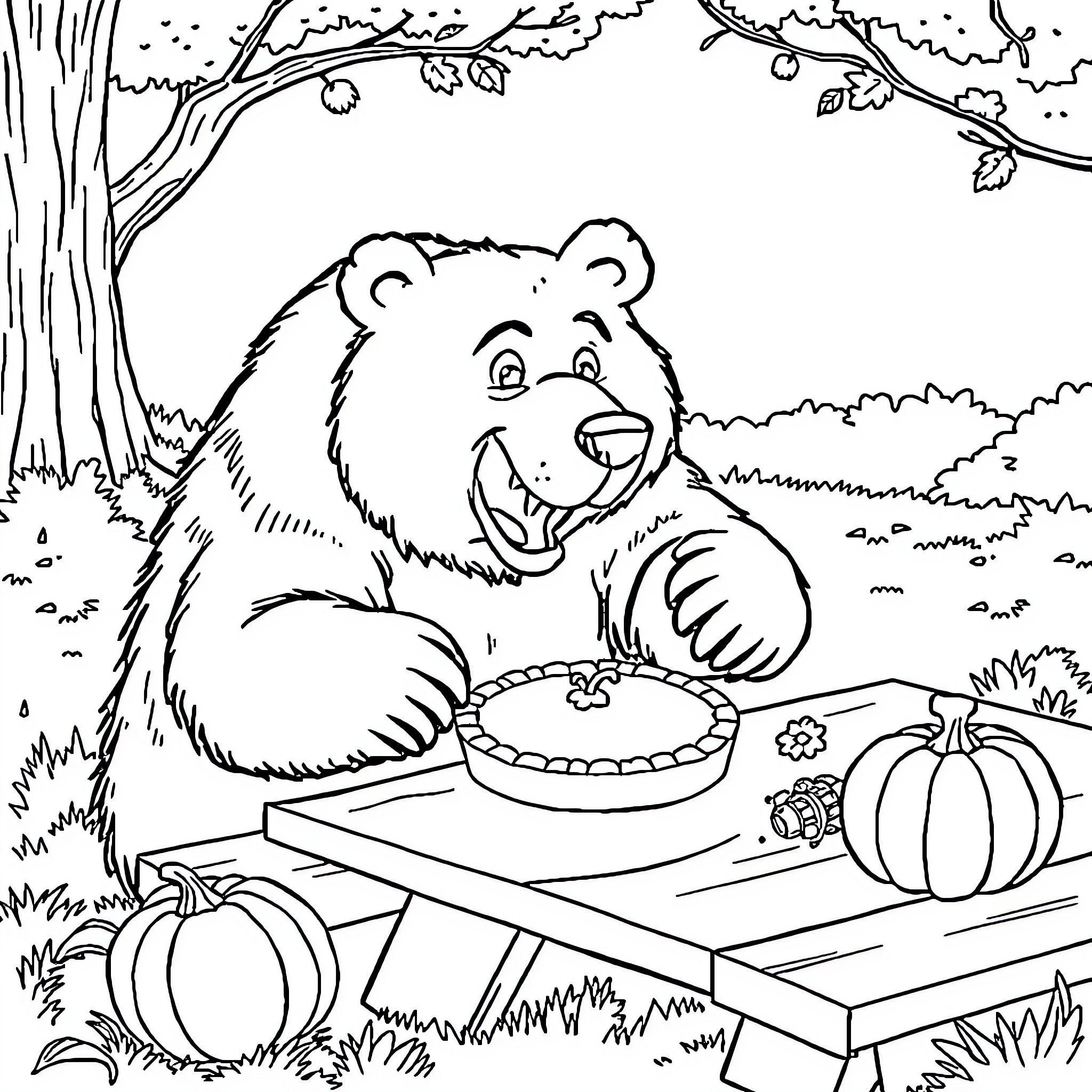 Bear enjoying a tasty pie in the autumn forest Coloring Page (free black-and-white line drawing printable PDF for all, from beginners to advanced learners, including children, teens, adults, and seniors)
