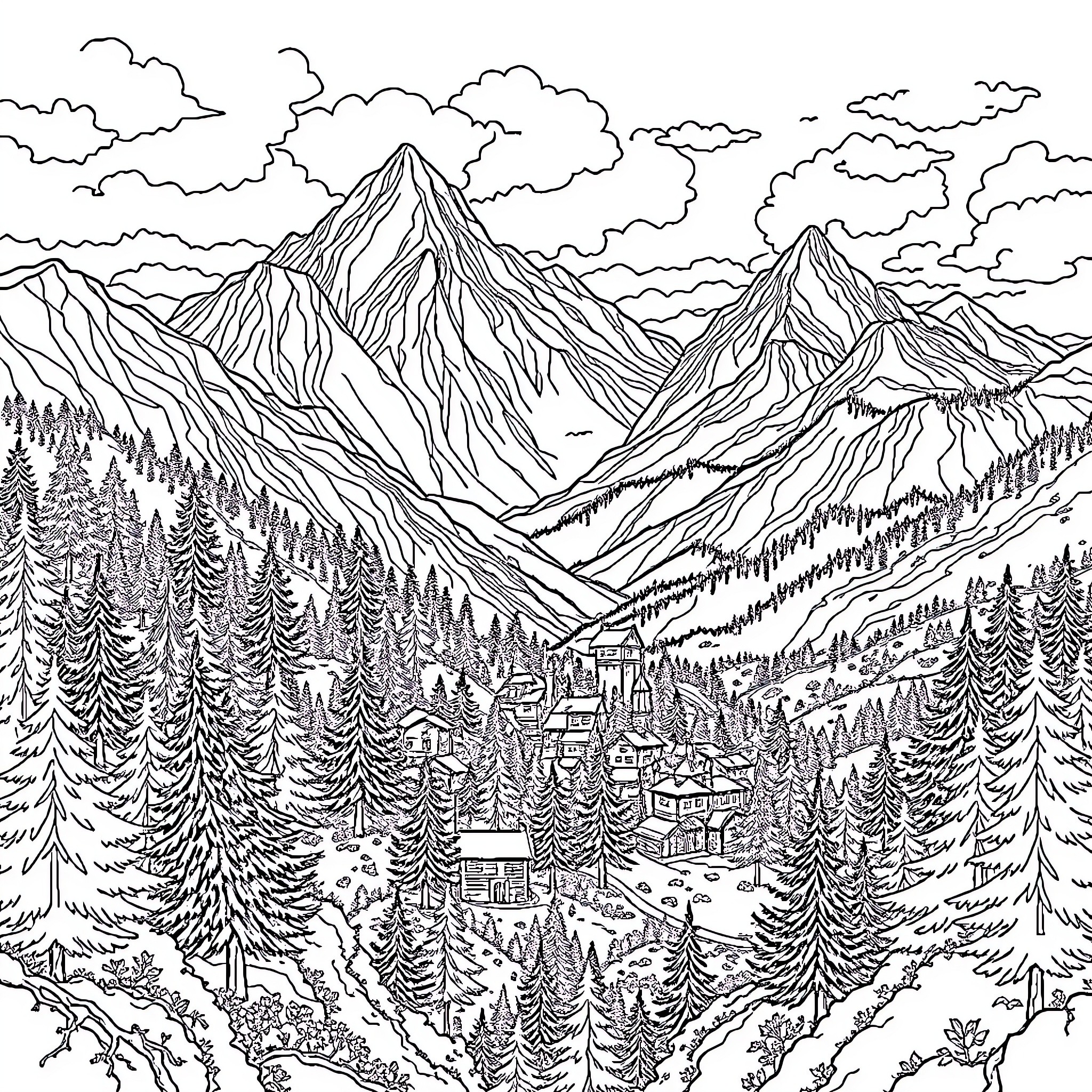 Hirules - Majestic Mountain Village Amidst Clouds Coloring Page (free black-and-white line drawing printable PDF for all, from beginners to advanced learners, including children, teens, adults, and seniors)
