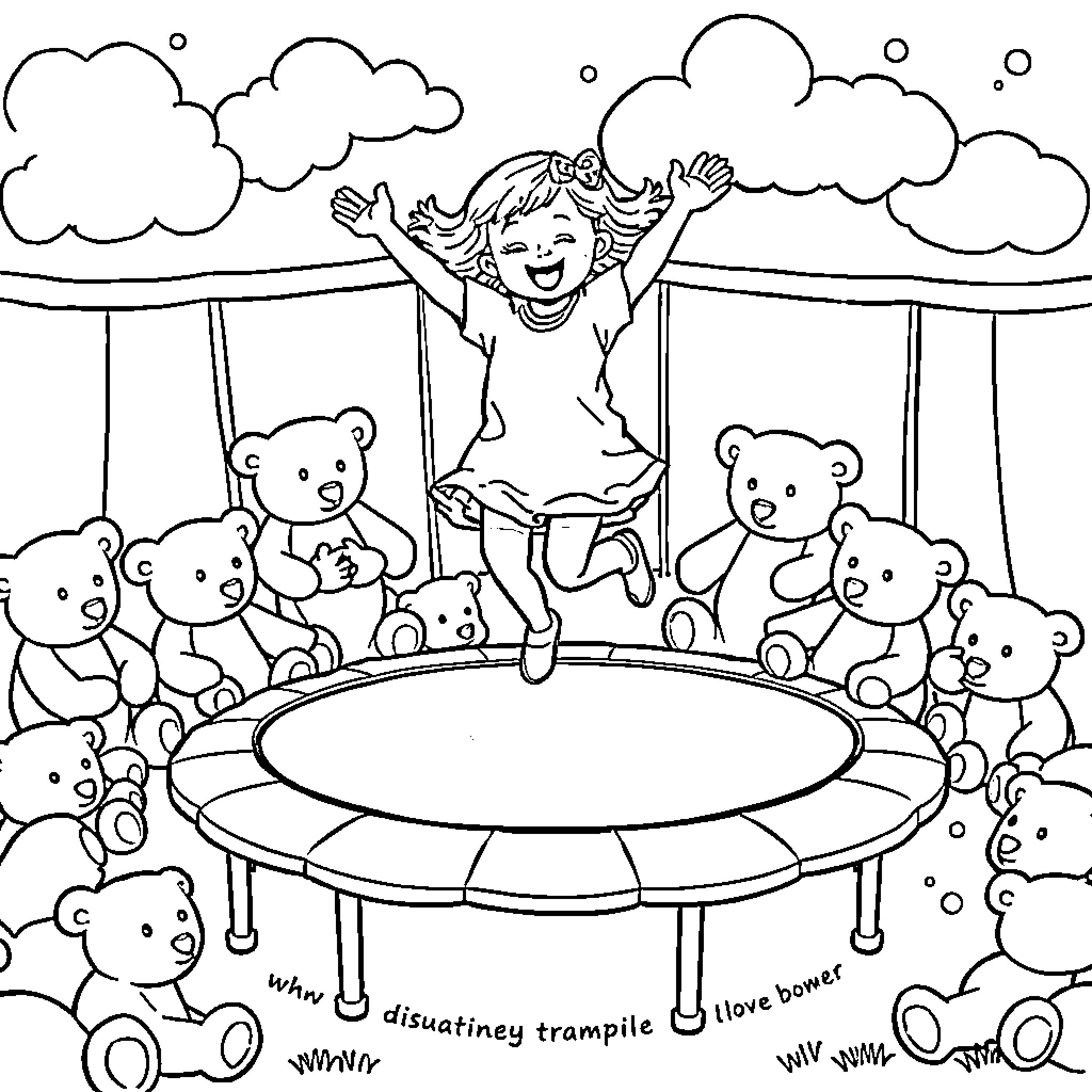 Girl jumps happily on trampoline surrounded by toys Coloring Page (free black-and-white line drawing printable PDF for all, from beginners to advanced learners, including children, teens, adults, and seniors)