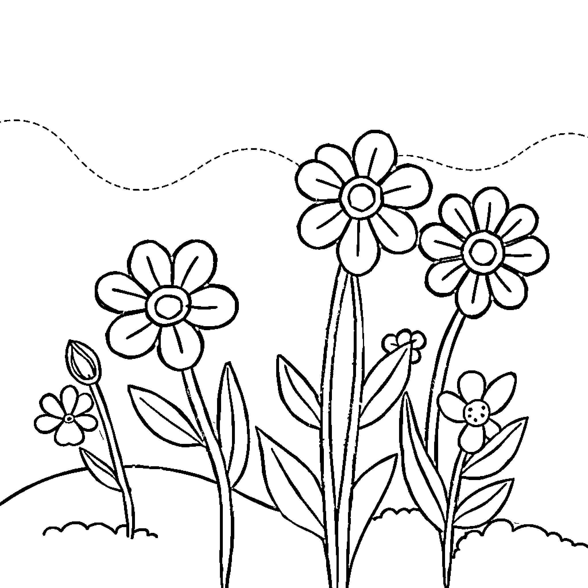 Flower garden with blooming flowers Coloring Page (free black-and-white line drawing printable PDF for all, from beginners to advanced learners, including children, teens, adults, and seniors)
