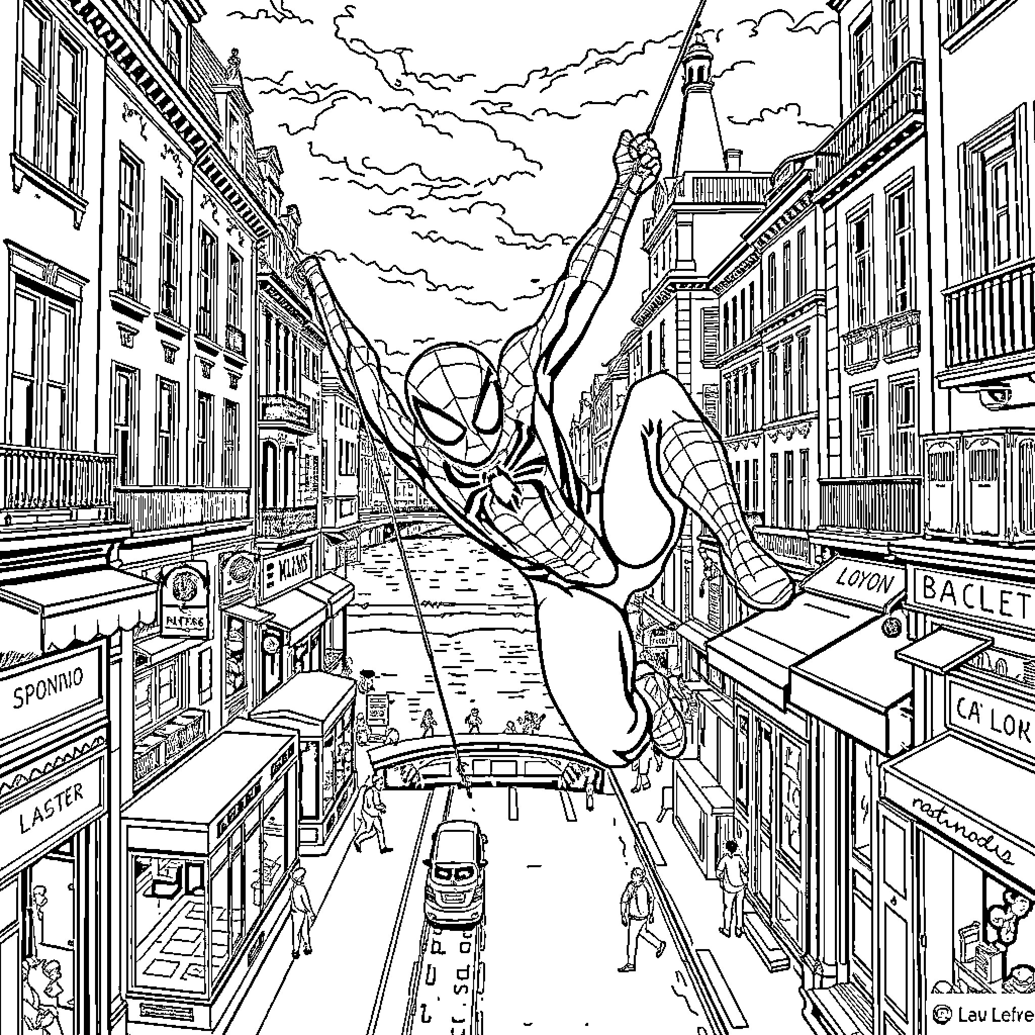 Spiderman swinging through the city streets Coloring Page (free black-and-white line drawing printable PDF for all, from beginners to advanced learners, including children, teens, adults, and seniors)