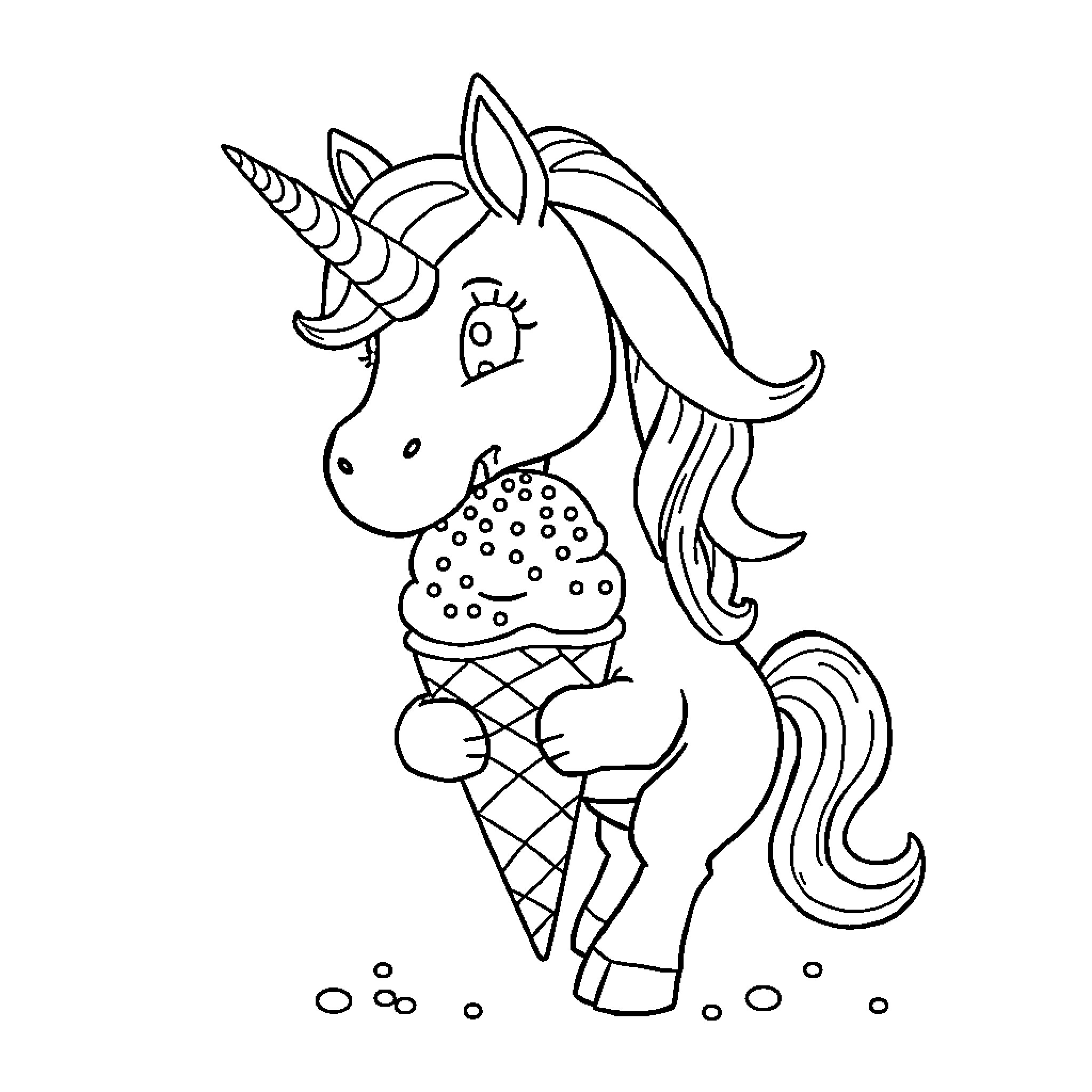 Unicorn enjoying an ice cream cone Coloring Page (free black-and-white line drawing printable PDF for all, from beginners to advanced learners, including children, teens, adults, and seniors)
