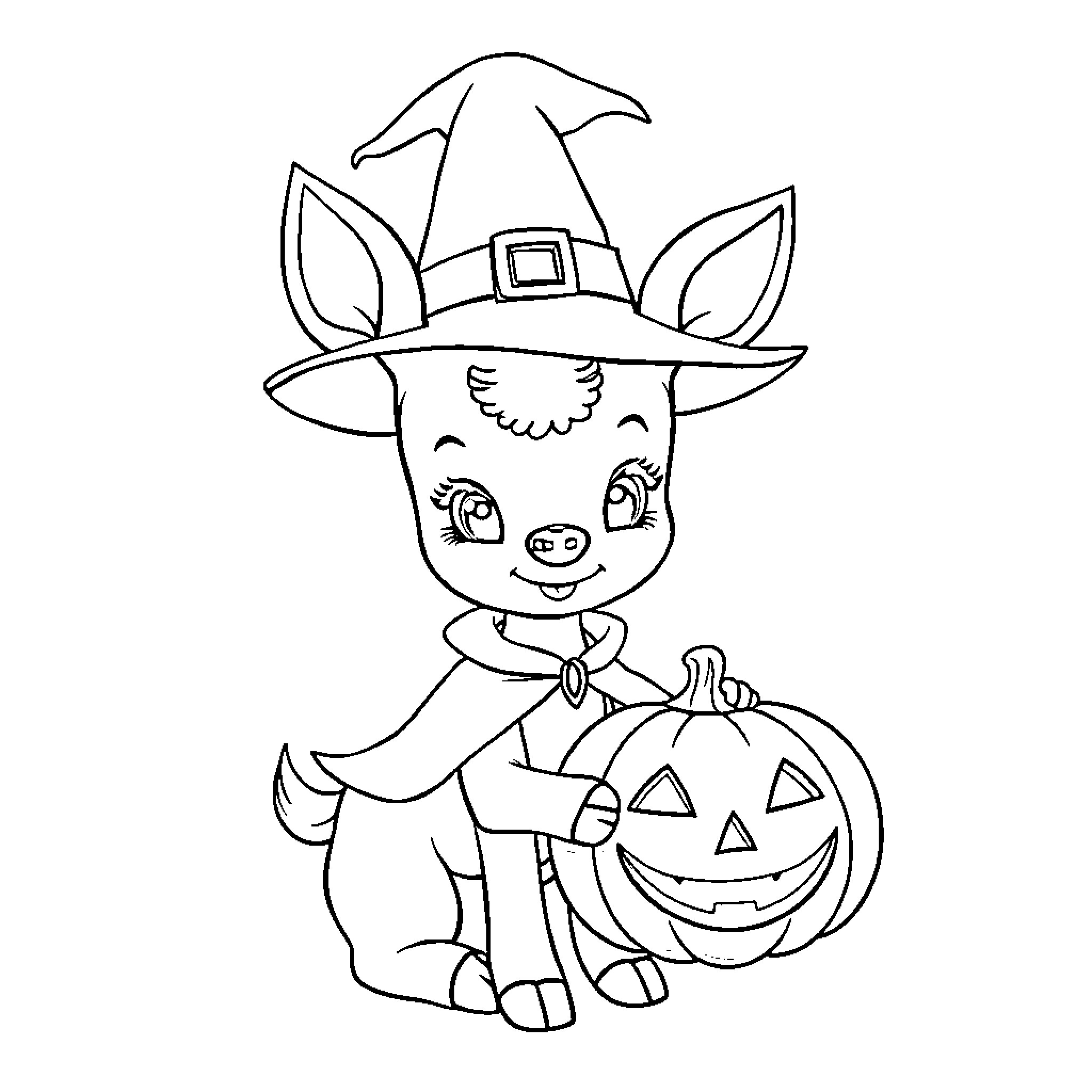 Deer in witch costume holding pumpkin Coloring Page (free black-and-white line drawing printable PDF for all, from beginners to advanced learners, including children, teens, adults, and seniors)